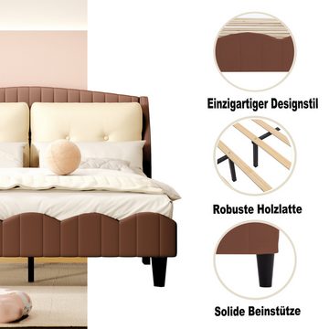 IDEASY Kinderbett Gepolstertes Kinderbett, 140 x 200 cm, Doppelbett in Kunstleder, inkl., Rückenlehne und Kissen, rosa/braun/beige, MDF+ gepolstert