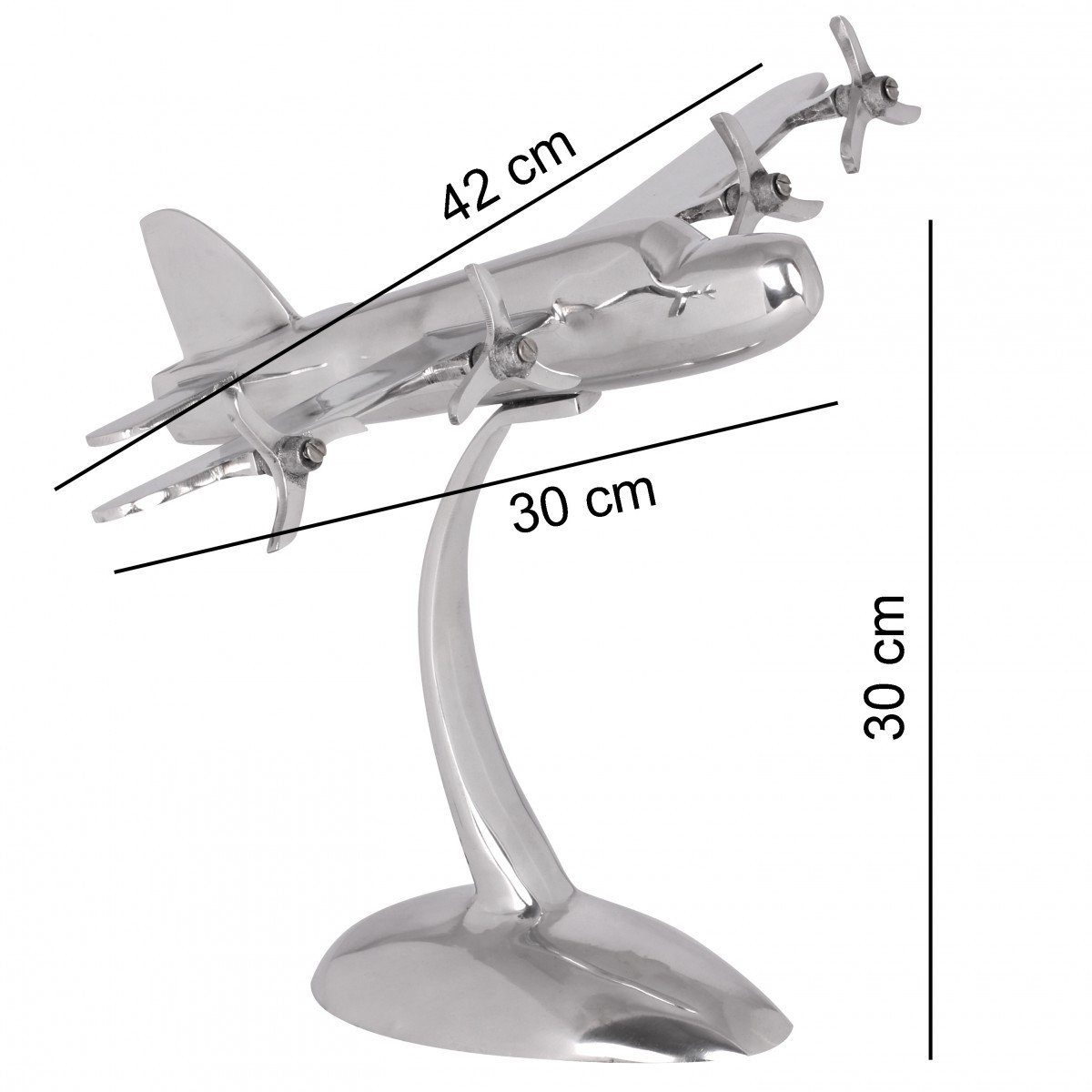 FINEBUY Dekoobjekt FB40418 Design Deko Flugzeug Propeller aus Aluminium Flieger Silber (Dekoflugzeug Aluminium Glänzend Silber 30cm Modern), Flugzeug mit Propeller Dekoration Metall