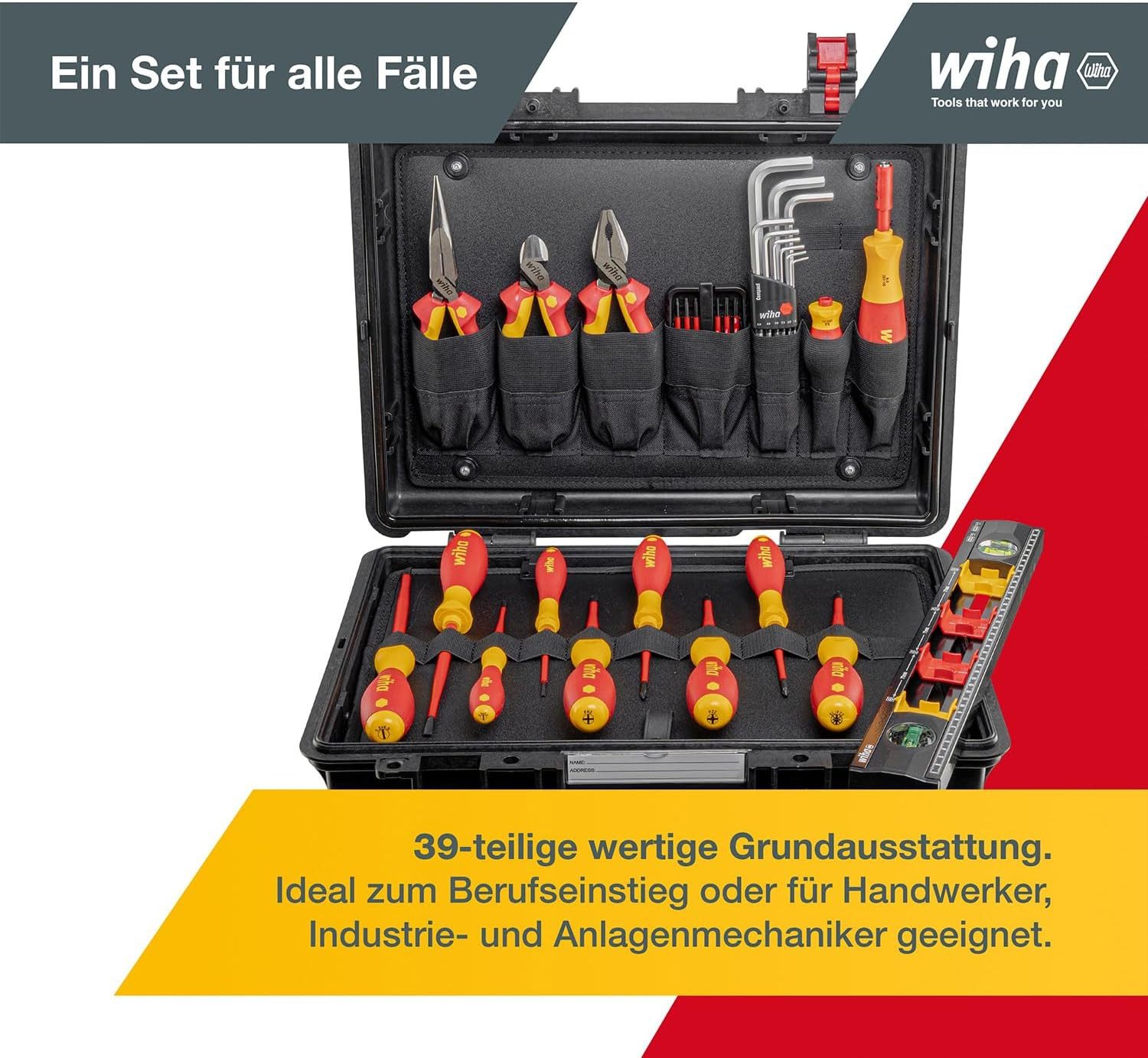 Wiha Werkzeugkoffer Lehrlingskoffer (45742), inkl. Spannungsprüfer, für Elektro-Installation 39-teilig VDE