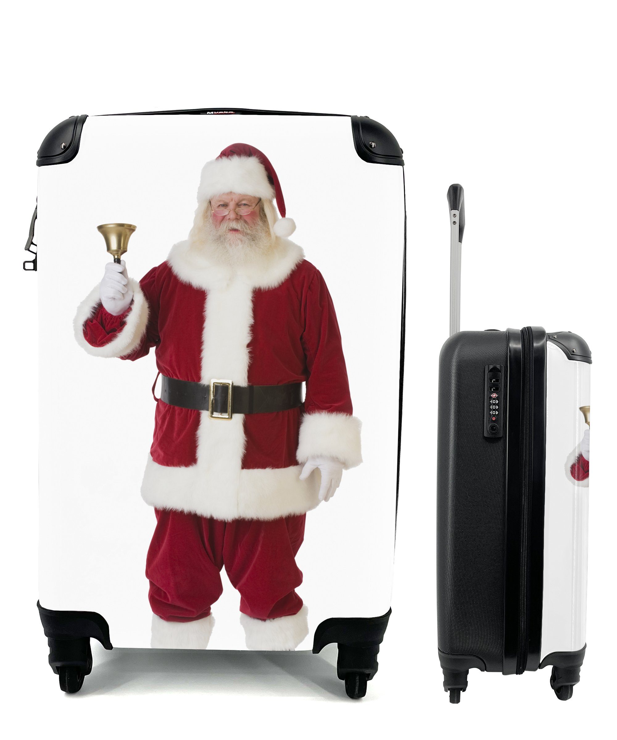 MuchoWow Handgepäckkoffer Der ikonische Weihnachtsmann läutet seine Glocke auf einem weißen, 4 Rollen, Reisetasche mit rollen, Handgepäck für Ferien, Trolley, Reisekoffer