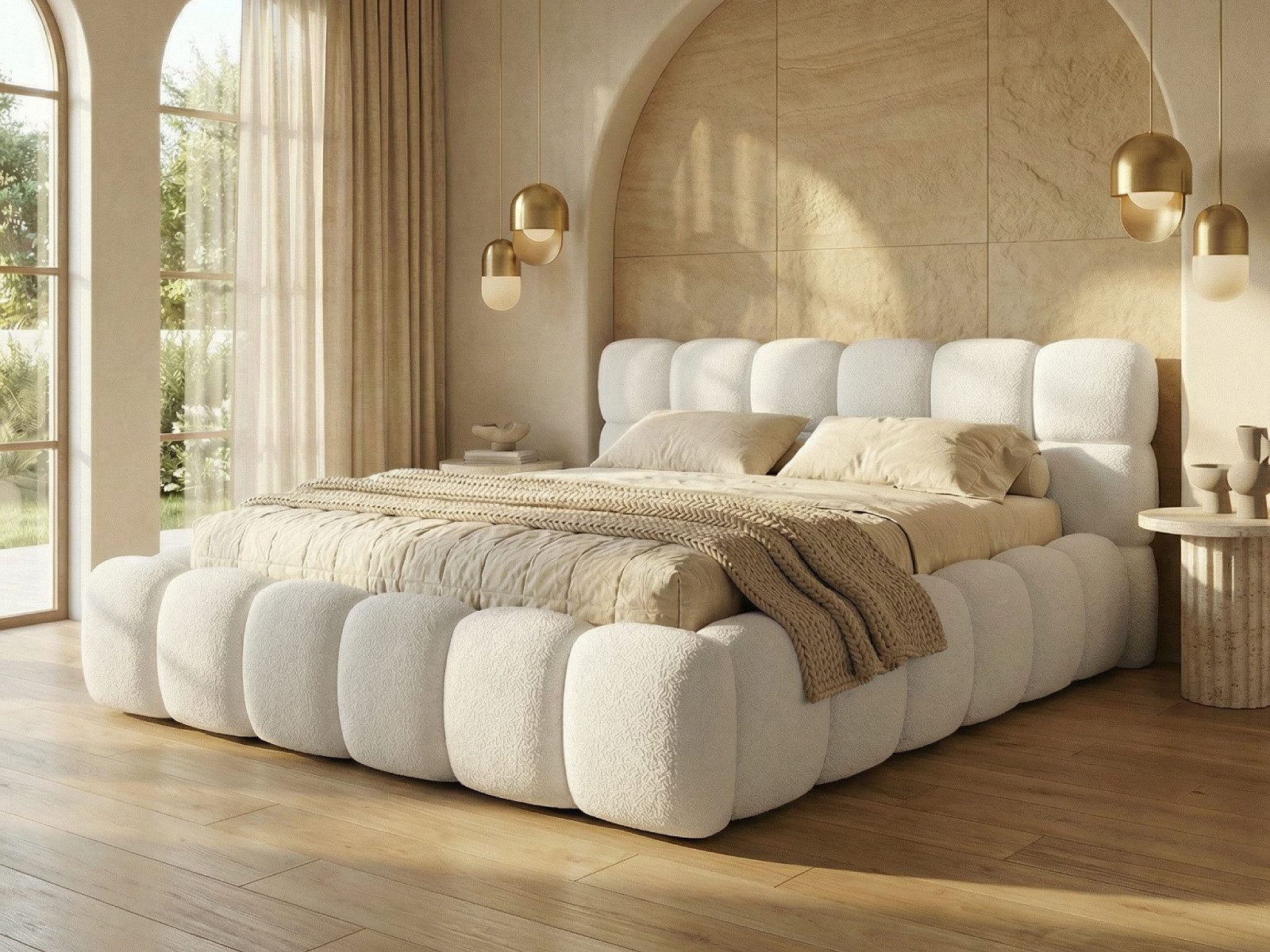 yourhouse24 Polsterbett Boston Slim Bouclé kompaktes Wolkenbett mit Bettkasten, Bubble-Optik & Japandi