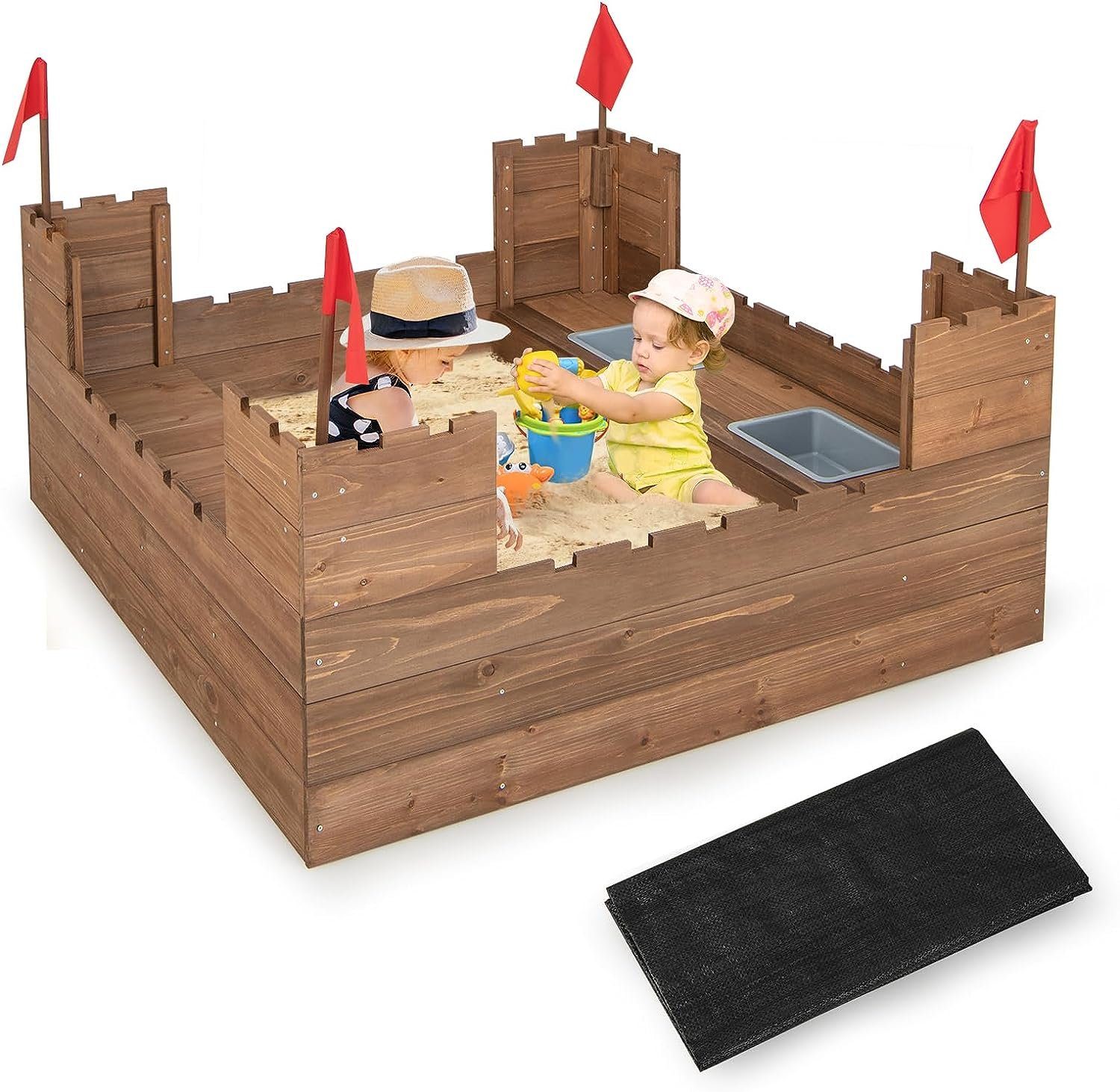 KOMFOTTEU Sandkasten Sandbox, 116 × 113 cm, für Kinder ab 3, Natur