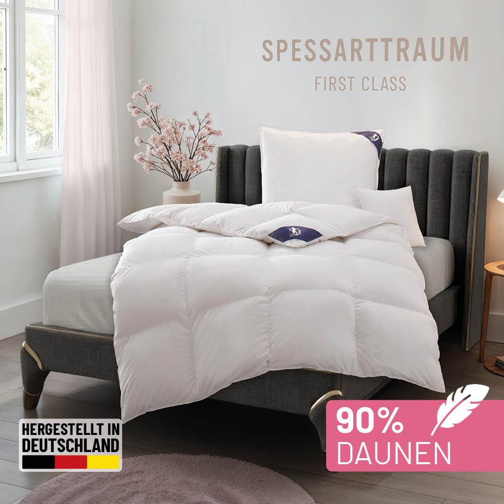 SPESSARTTRAUM Daunenbettdecke First Class, Füllung: 90% Daunen / 10% Federn, Klasse 1, Downpass zertifiziert, Bezug: 100% Baumwolle, Made in Green, Hausstauballergiker geeignet, 5 Wärmeklassen & 6 Größen, Bestseller