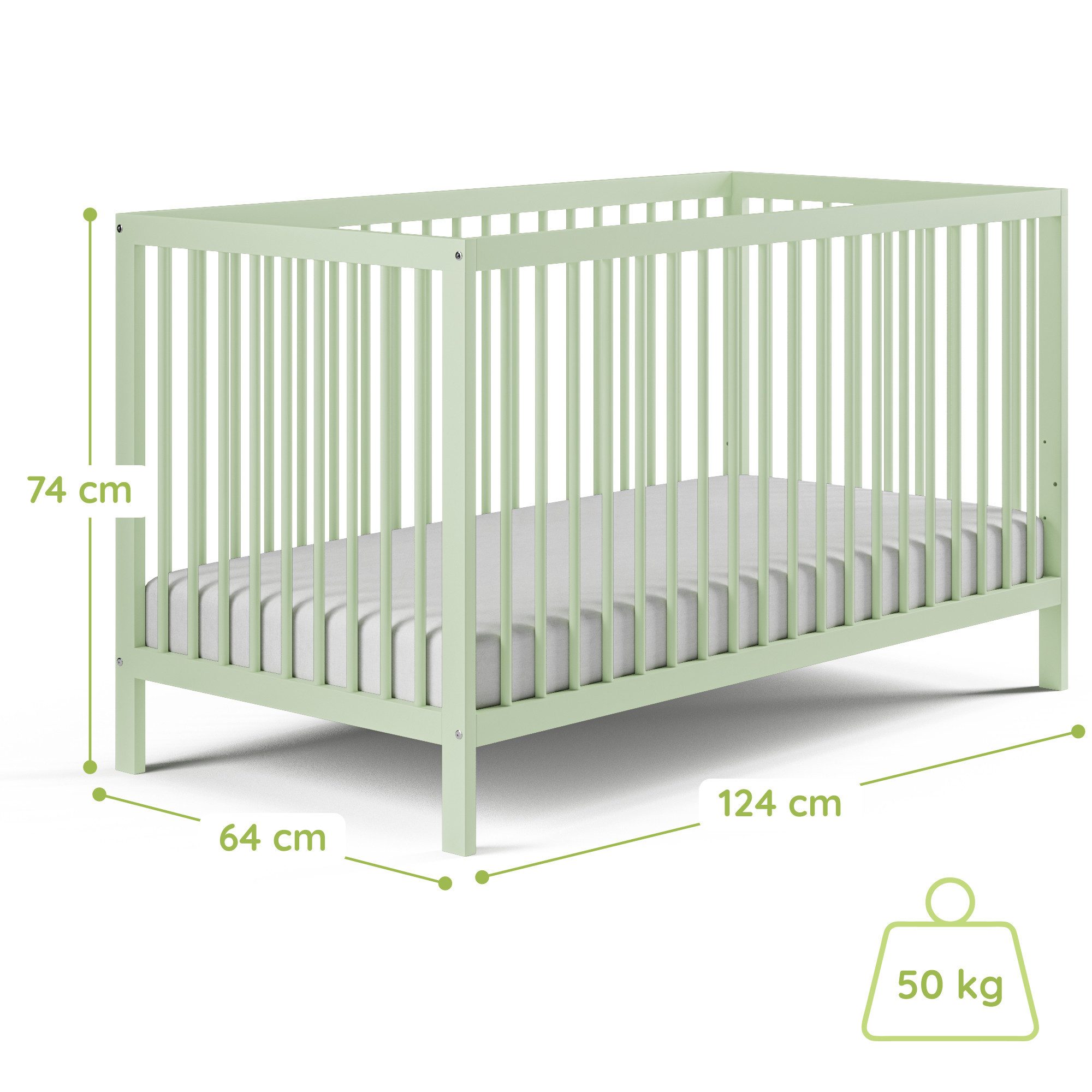 Kids Collective Kinderbett Babybett Gitterbett 60x120 und 70x140 cm herausnehmbare Sprossen (mit Lattenrost und herausnehmbaren Sprossen ab Geburt bis zum 3. LJ), 60x120 cm in grün