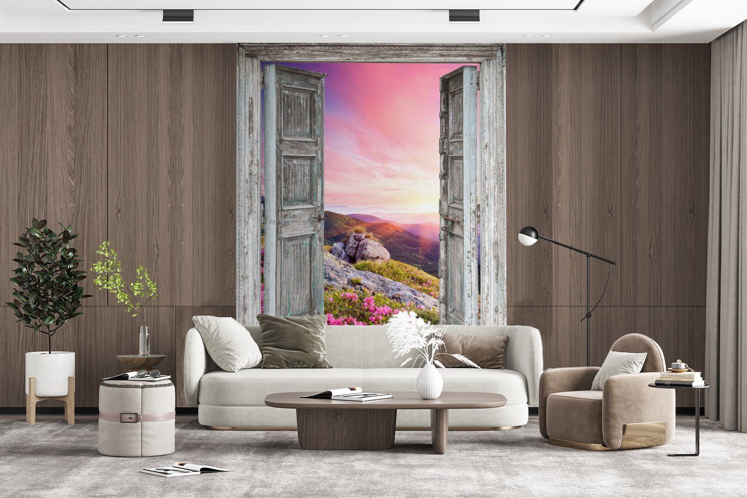 Wohnzimmer, Aussicht Matt, für Fototapete - Wandtapete Berge (4 MuchoWow Landschaft bedruckt, Vinyl Montagefertig St), - Tapete - Blumen,