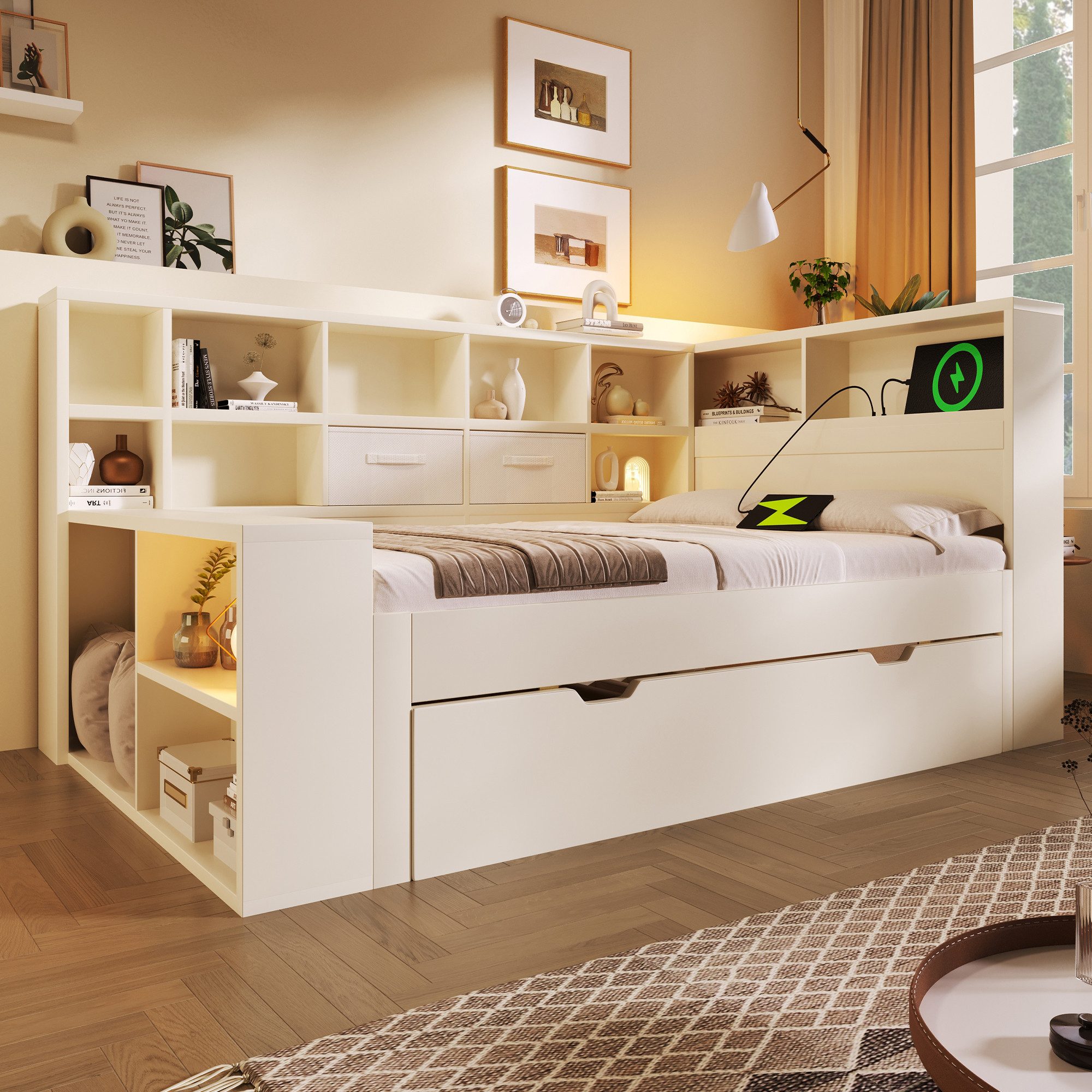 OKWISH Stauraumbett Bett 90x200 cm mit Ausziehbett und USB-/Type-C-Anschlüssen (Holzbett, Funktionsbett, 1-tlg., Großzügiger Stauraum, hochwertigen Platten), Platzsparendes Doppel- & Jugendbett