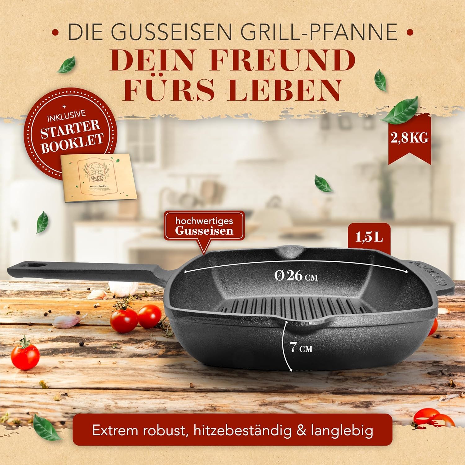 Krustenzauber Grillpfanne 26cm Grillpfanne Induktion -, (Geriffelte Gusseisenpfanne Induktion - Ideale Gusseisen Pfanne, Eisenpfanne, Cast Iron Pan, Bratpfanne), Gusseiserne Pfanne Skillet Gusspfanne