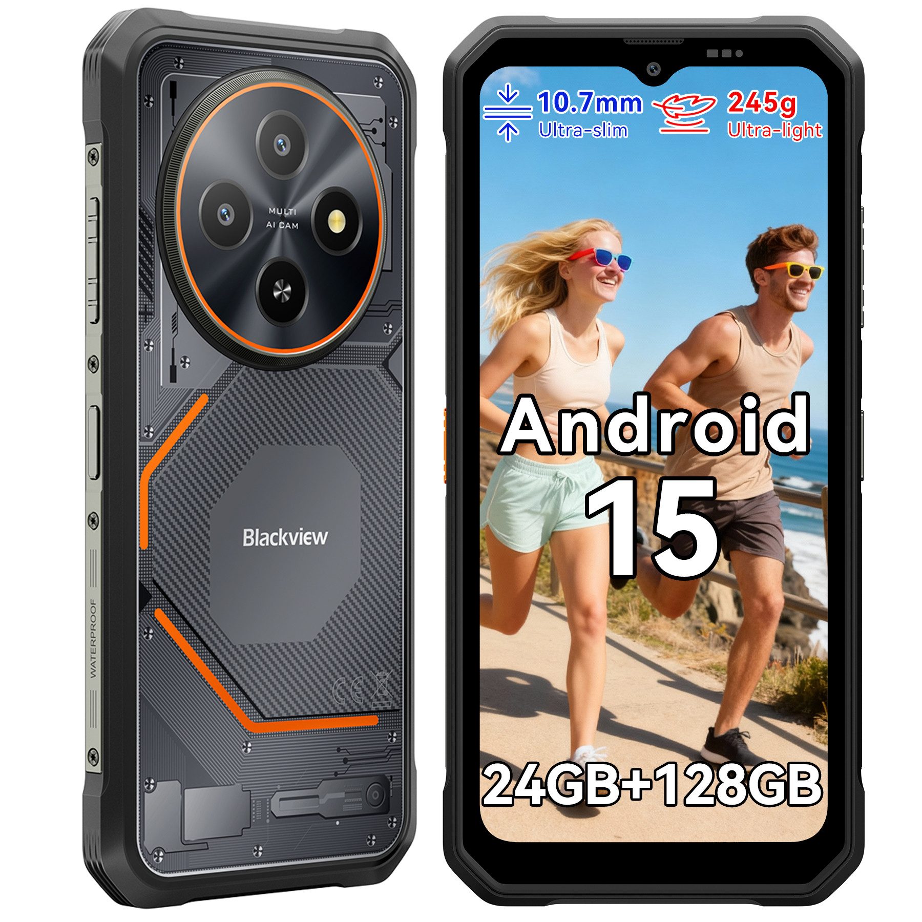 blackview FORT 2 Ultradünnes Robustphone: Nur 10.7mm, AI-Dreifachkamera Outdoor Smartphone (6,56 Zoll, 128 GB Speicherplatz, DokeOS5.0, Google Lens, 1080p Video, 16MP, 5WOTG)