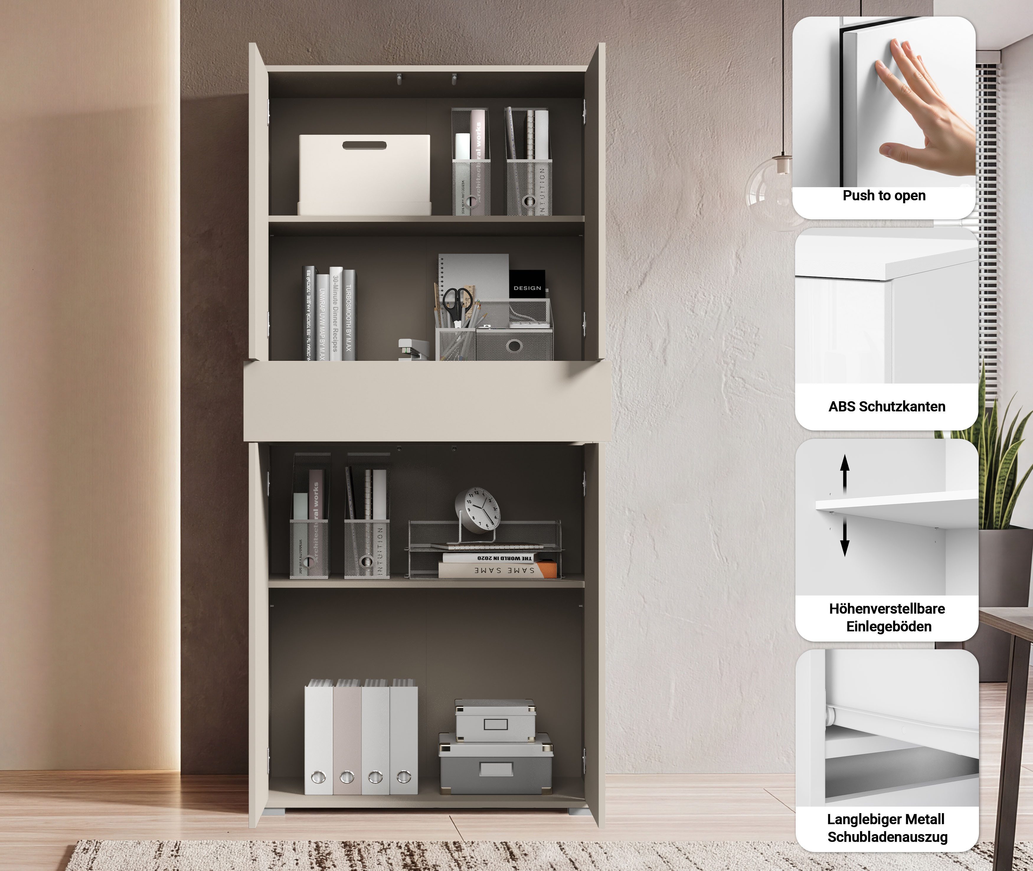 OTTO home Aktenschrank Kenia, Stauraumschrank 80 cm breit mit Schublade (1-St) Griffloses Design mit Push-to-Open und verstellbaren Einlegeböden