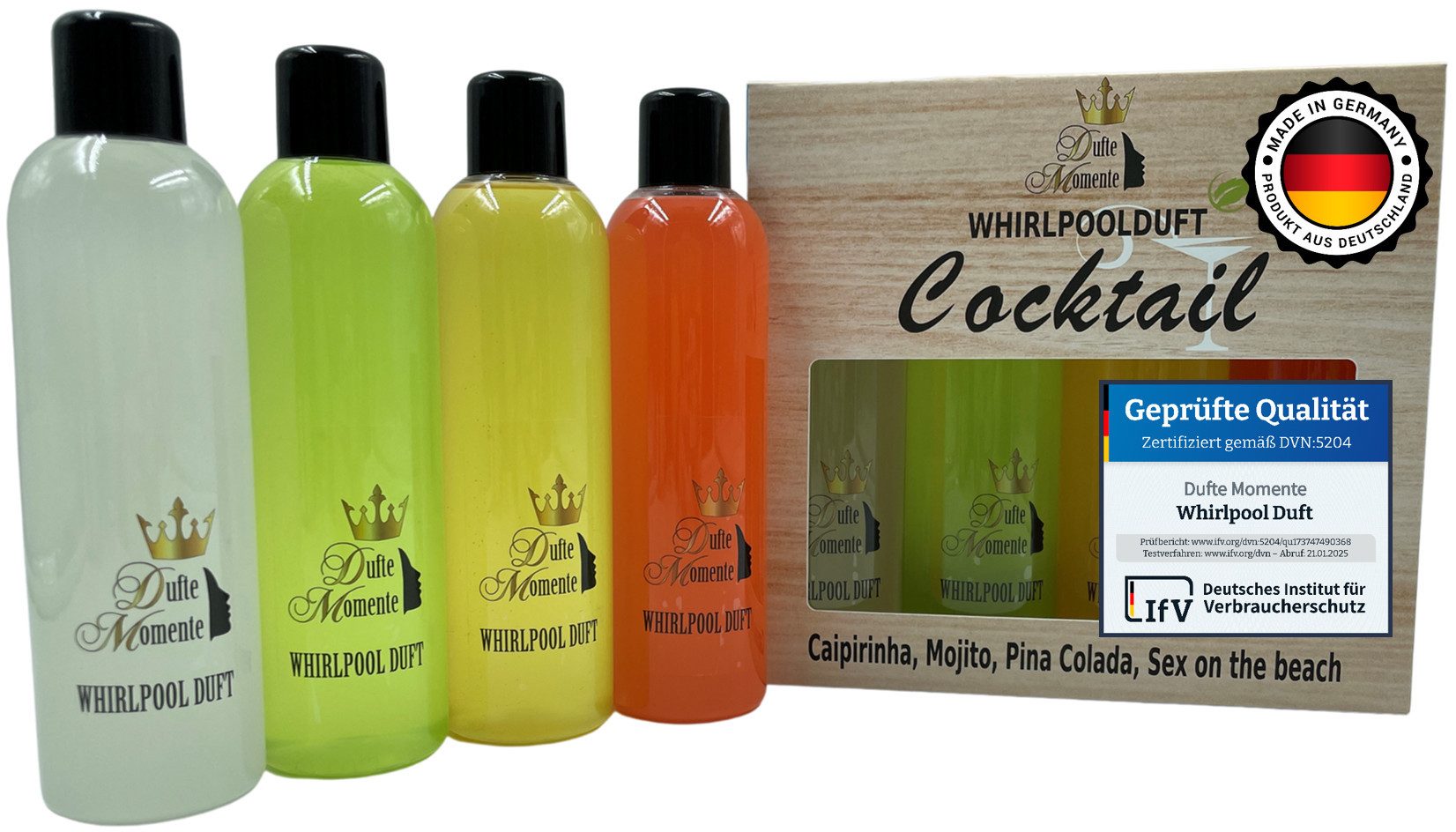 Dufte Momente Badezusatz Whirlpool Duft-Set "Cocktail" - 4x250ml Geschenkbox, 4-tlg., Mit ätherischen Ölen, vegan, tierversuchsfrei