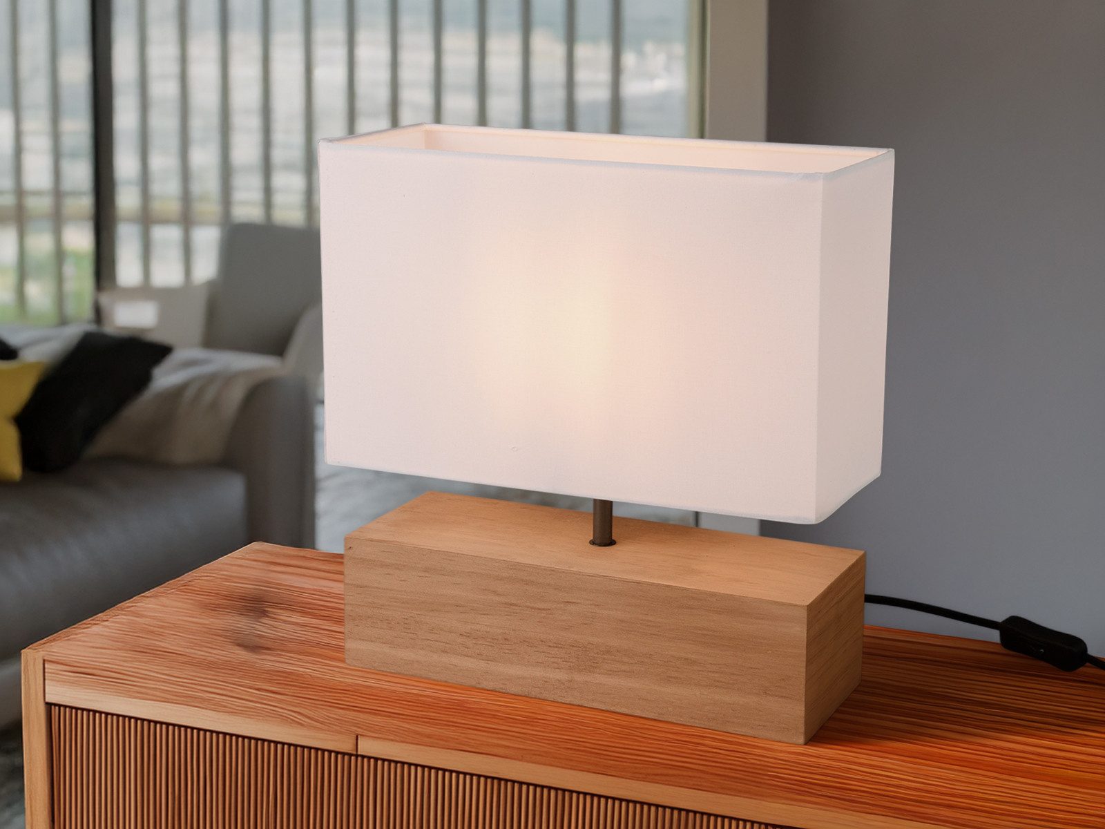Reality Leuchten LED Nachttischlampe mit Holzfuß & Stoffschirm, Höhe 30cm, dimmbar, LED wechselbar, Warmweiß, rechteckige Tischlampe skandinavisch für Fensterba – Bild 5 von 5