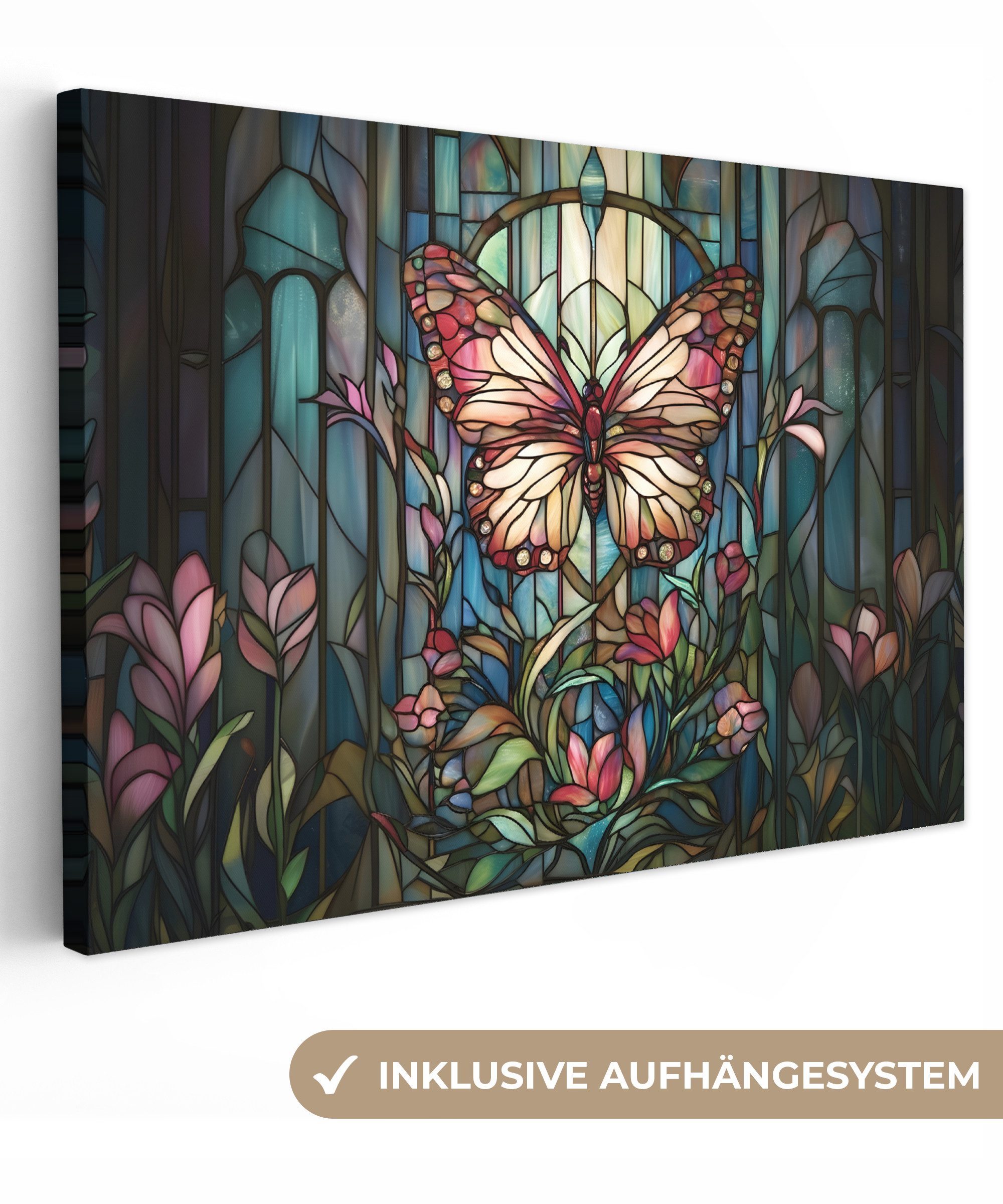 OneMillionCanvasses® Leinwandbild Schmetterling - Rosa - Blumen - Blätter, Fotodruck (1 St), Leinwand Bilder Klein, Wand Dekoration Aesthetic 30x20 cm