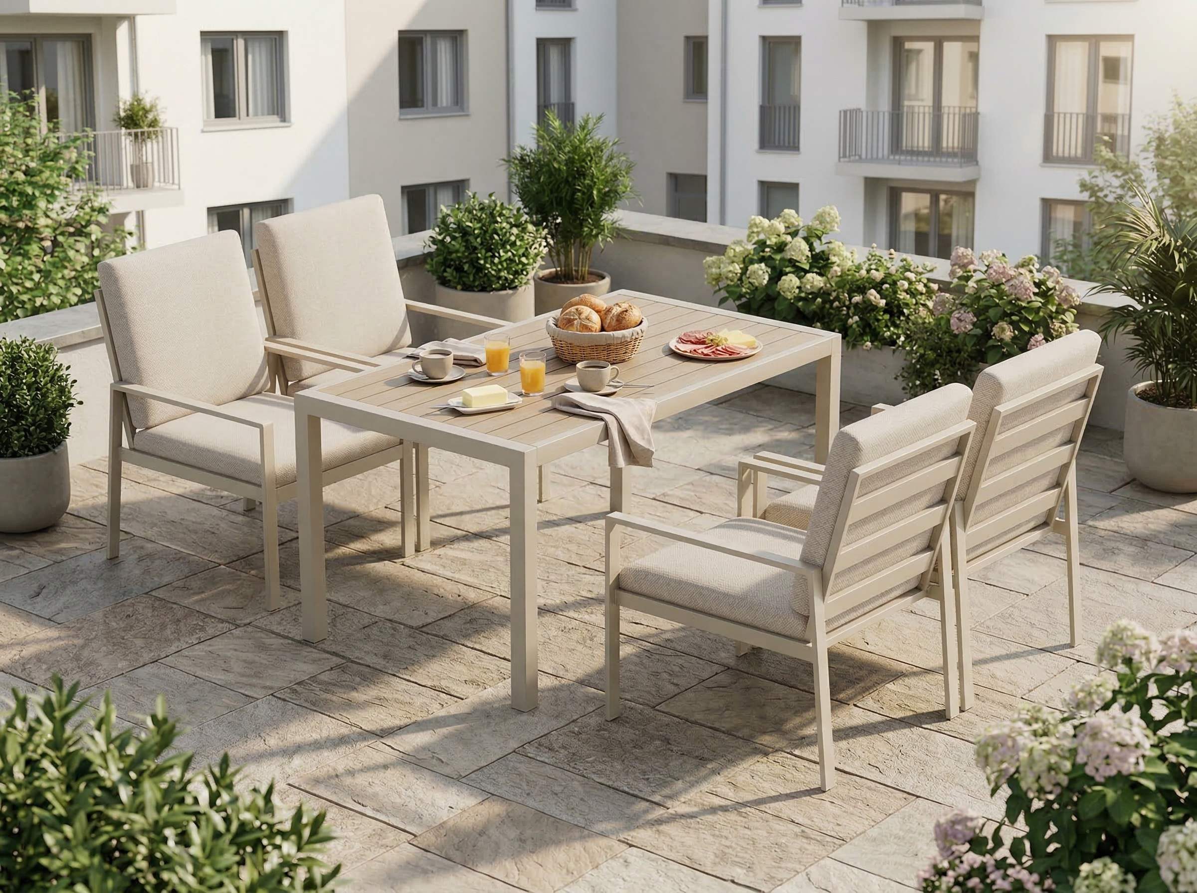 MeXo Gartenlounge-Set Gartenmöbel Set aus Aluminium mit Esstisch, (wetterfest, hoher Sitzkomfort, 5-tlg., bis 140 kg belastbar), mit pflegeleichte Polywood-Tischplatte, geeignet für 4 Personen