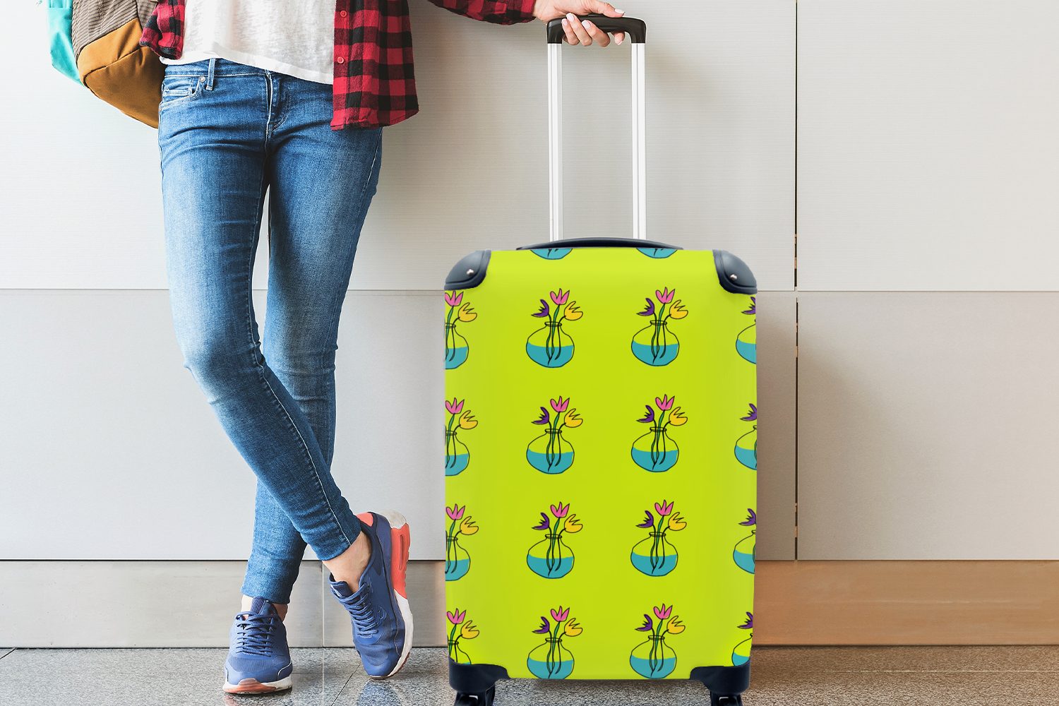 Reisekoffer 4 Ferien, - Rollen, für Trolley, rollen, Reisetasche Blumen - Muster, MuchoWow Handgepäckkoffer mit Handgepäck Vasen
