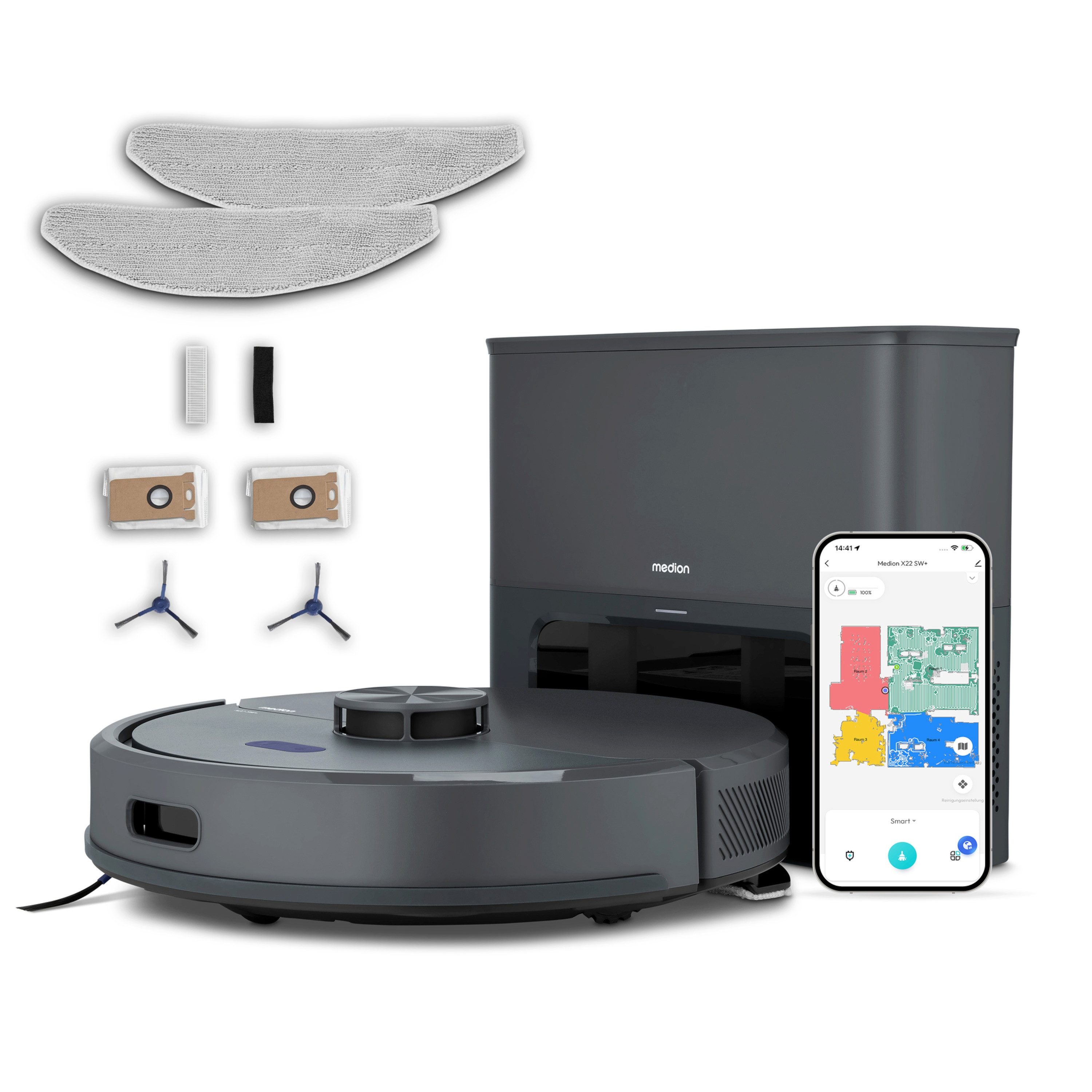 Medion® Saugroboter Smarter Saugroboter mit Wischfunktion und Absaugstation X22 SW+, beutellos, X22SW+