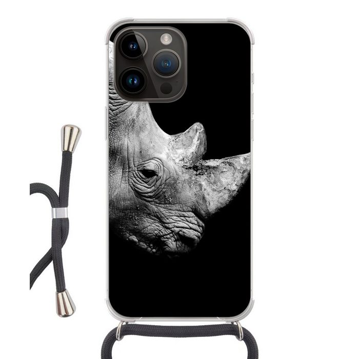 MuchoWow Handyhülle Portrait Nashorn auf schwarzem Hintergrund Handyhülle Telefonhülle Apple iPhone 14 Pro
