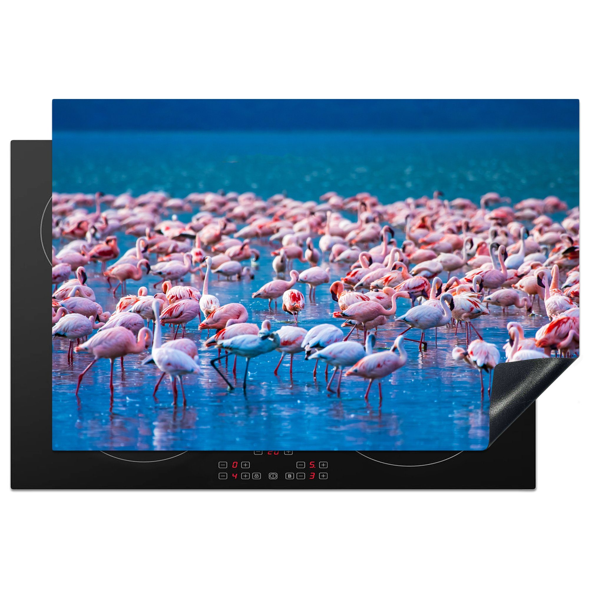 MuchoWow Herdblende-/Abdeckplatte Flamingo - Wasser - Tropisch - Rosa, Vinyl, (1 tlg), 77x51 cm, Ceranfeldabdeckung, Arbeitsplatte für küche