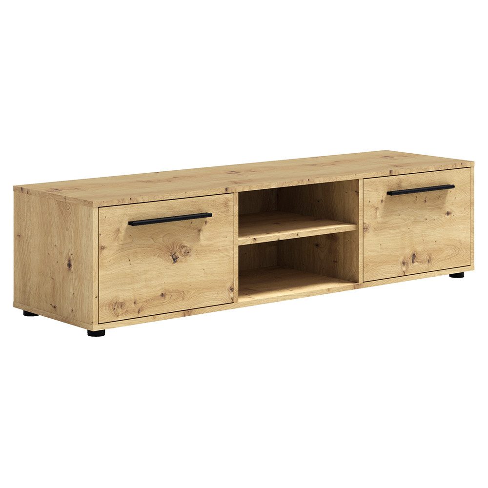 Lomadox Lowboard MOLLERUSA-132, 150 cm breit, Eiche mit schwarzen Griffen, 2 Fächer, 2 Klappen