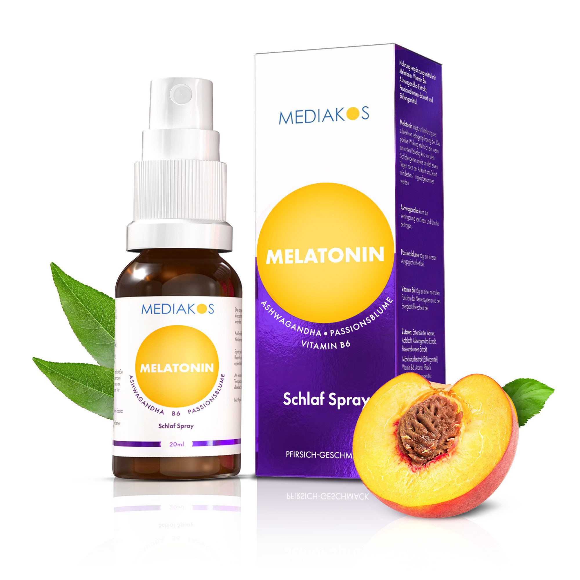 Mediakos Mediakos Melatonin Ashwagandha Schlaf Spray, mit Vitamin B6 und Passionsblume – schneller einschlafen, besser durchschlafen – Vegan à 20 ml