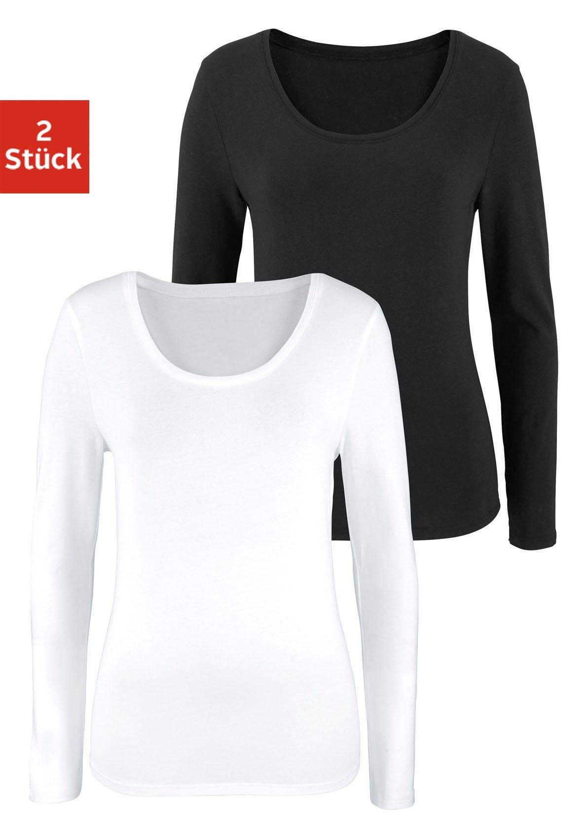 Vivance Langarmshirt schwarz, (2er-Pack) weiß elastischer aus Baumwoll-Qualität