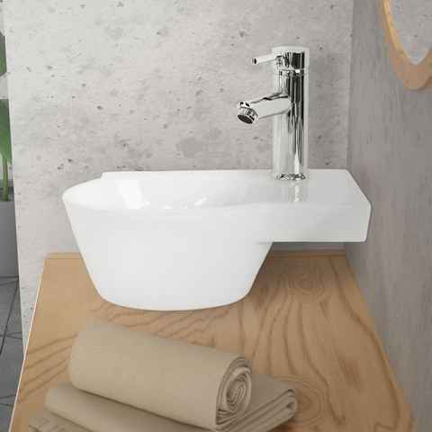 LuxeBath Waschbecken Aufsatzwaschbecken aus Keramik für Badezimmer/Gäste-WC, Handwaschbecken Oval 37,5x19x14 cm Weiß rechts Hahnloch