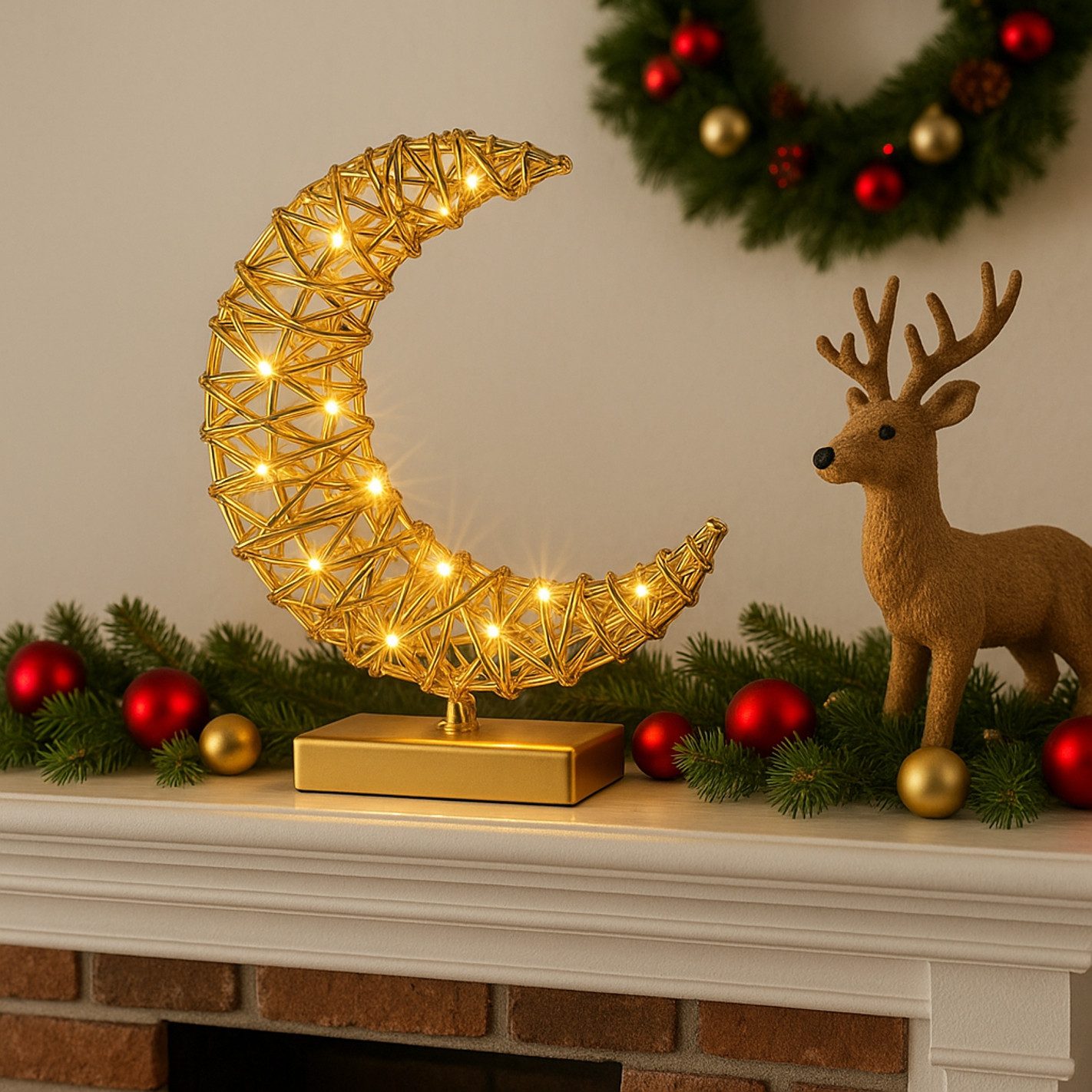 I.GE.A. LED-Dekofigur LED-Dekoobjekt Mond (1 St), Dekofigur Metall Gold warmweiß Timer Batteriebetrieb Weihnachtsdeko – Bild 5 von 5
