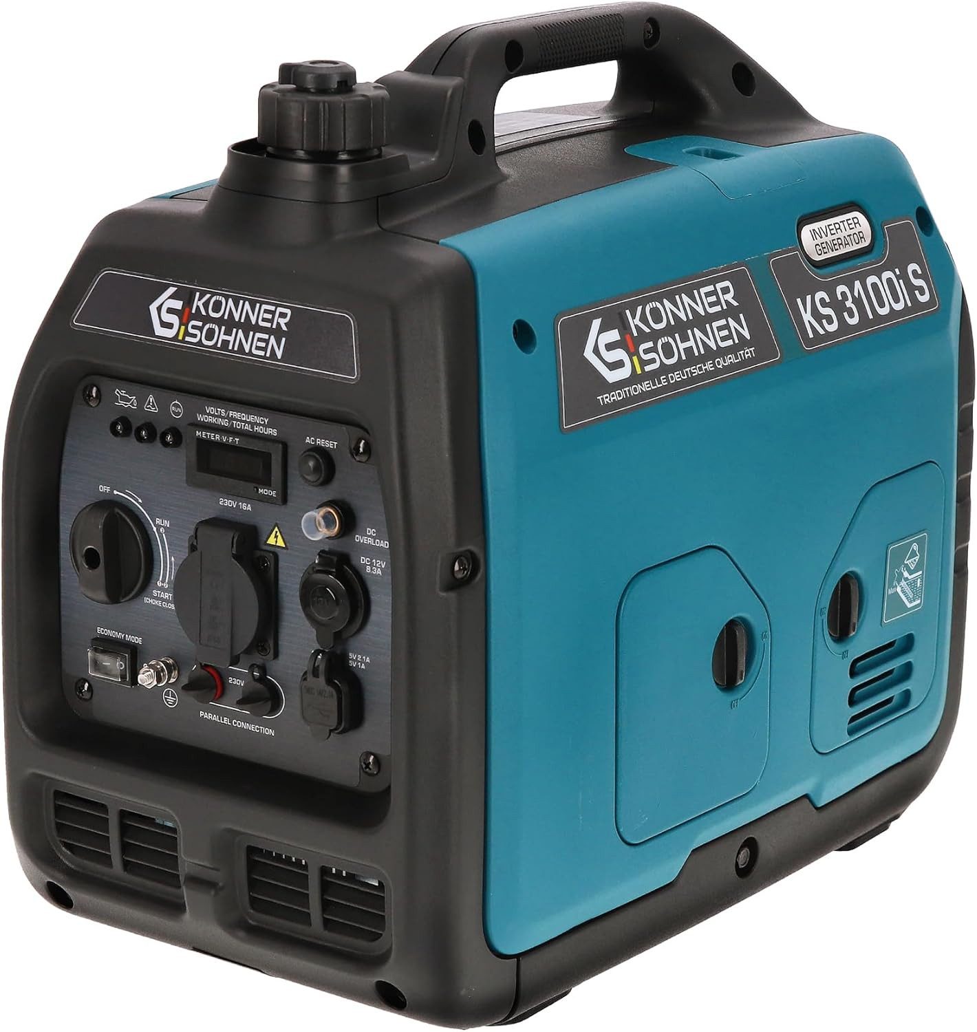 Könner & Söhnen Stromerzeuger KS 3100i S, 3,10 in kW, (Schallgedämmtes Gehäuse (63 dB Lpa 7 m), ECO-Modus, 1-tlg., Kupferwicklungen, Kurzschluss- und Überlastschutz, Abgasnorm EURO V), Kurzschluss- und Überlastschutz, Abgasnorm EURO V