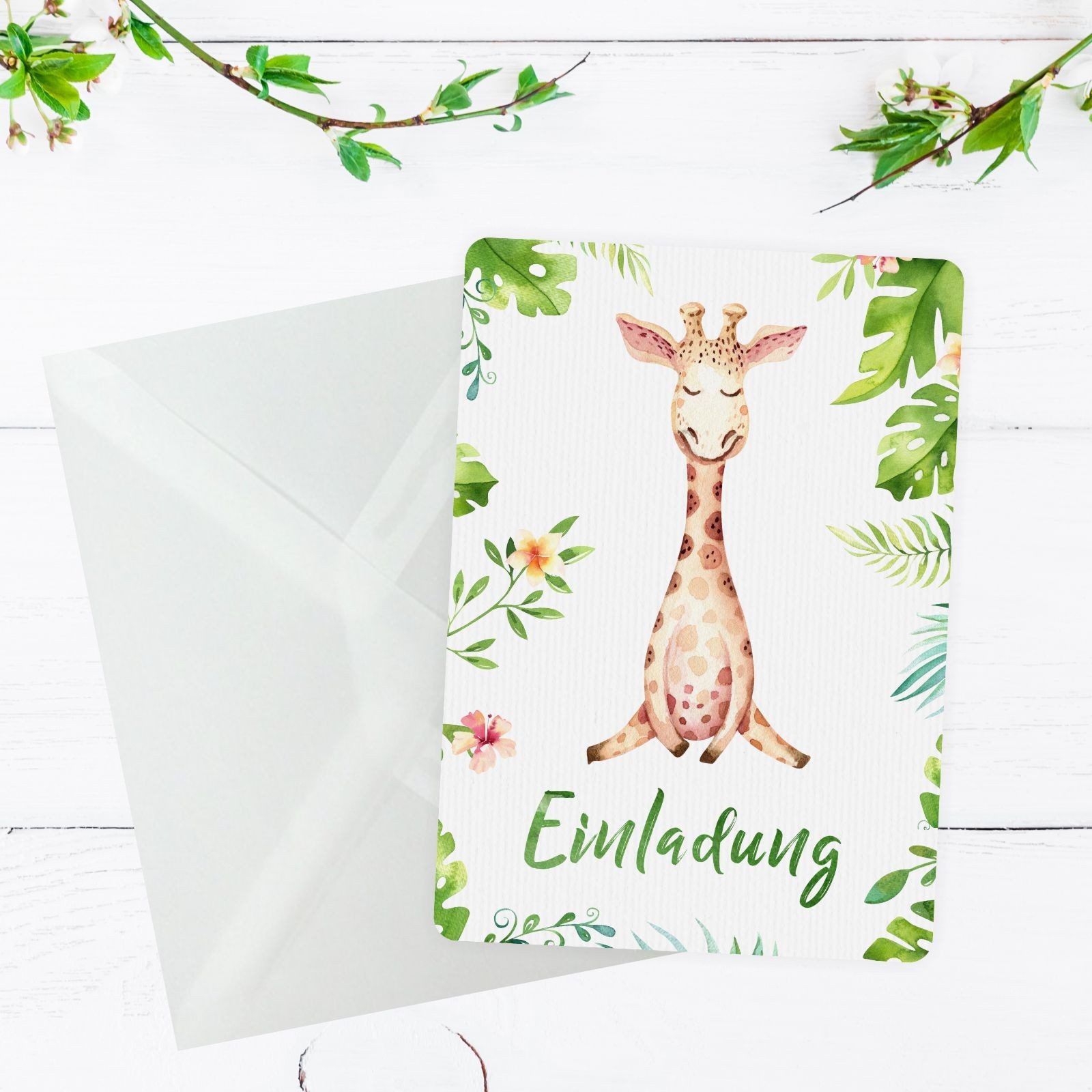 nikima Einladungskarten 10 Einladungskarten Giraffe Dschungel grün inkl. 10 Briefumschlägen