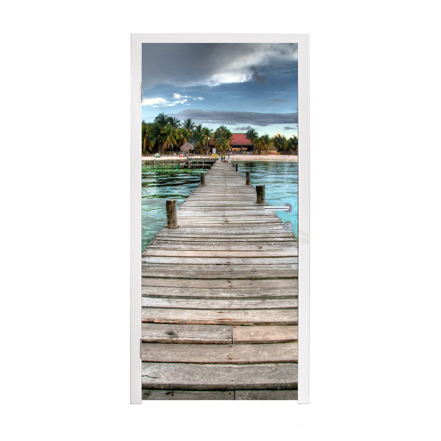 MuchoWow Türtapete Blick auf die 75x205 Seebrücke Matt, Tür, am von für Türaufkleber, Fototapete bedruckt, Strand Mexiko, Isla Mujeres, cm (1 St)