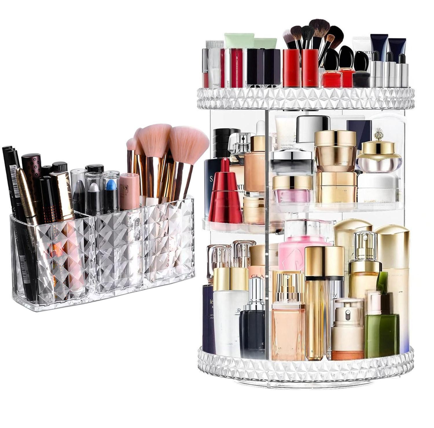 SURFOU Badorganizer Drehbarer Make Up Organizer Schminktisch Kosmetik Pinselhalter Set (360° Drehbarer Make-up Organizer Set,Kosmetikpinselhalter, Kristall Acryl Aufbewahrung, Schnelle Montage Parfüm Organizer, 2 St., Aufbewahrungsboxen mit mehreren Schic