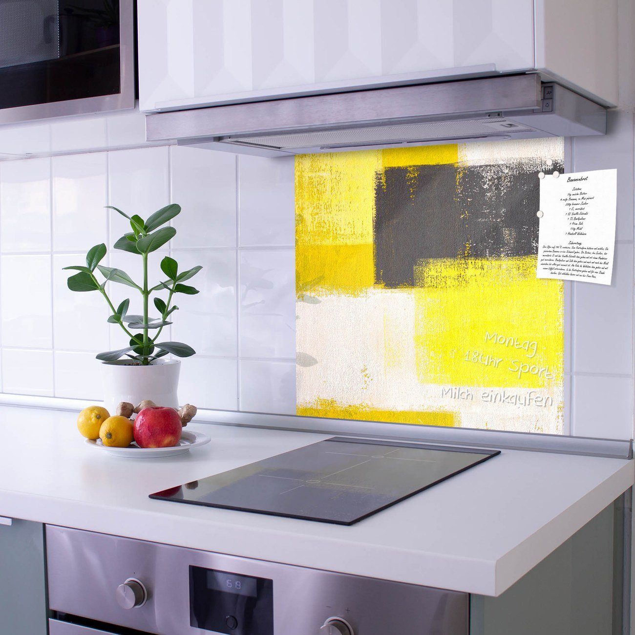 banjado Küchenrückwand Küchenrückwand Abstrakt Gelb, (gehärtetes Glas, inklusive 4 Magnete & 1 Kreidestift)