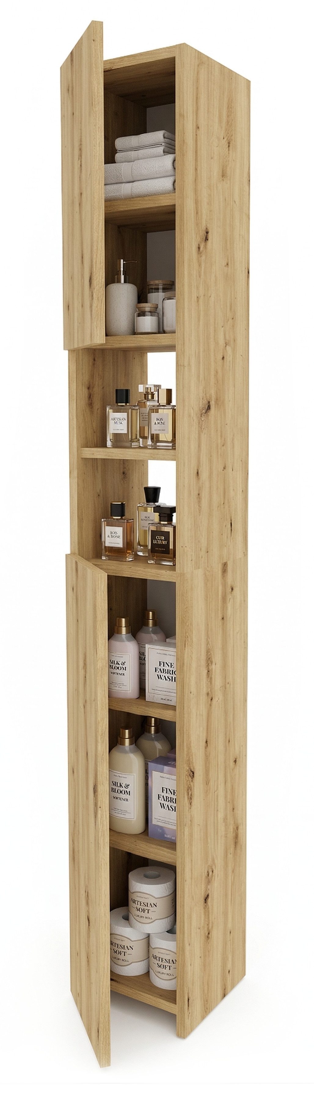 TREND WERK Hochschrank Badschrank schmal stehend B24 x T31 x H172 cm (Schmaler Badezimmerschrank mit Regalfächern & Stauraum) Holzoptik, offene & geschlossene F – Bild 5 von 5