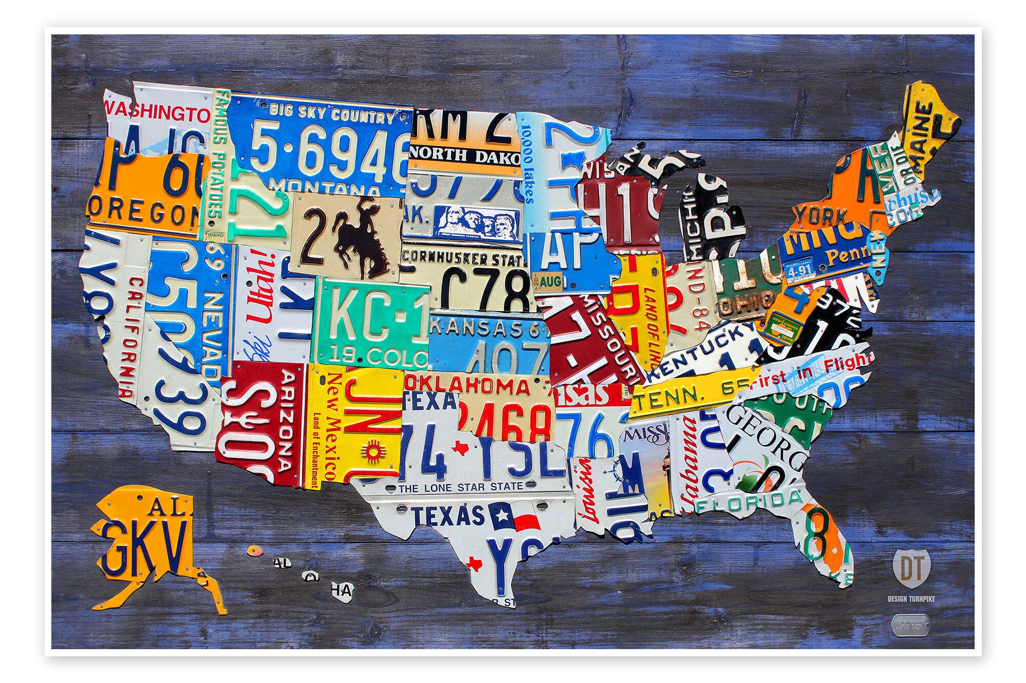 Posterlounge Wandbild Nummernschild Karte der USA, Design Turnpike, erhältlich als Poster, Leinwandbild, Wandsticker oder Acrylglasbild