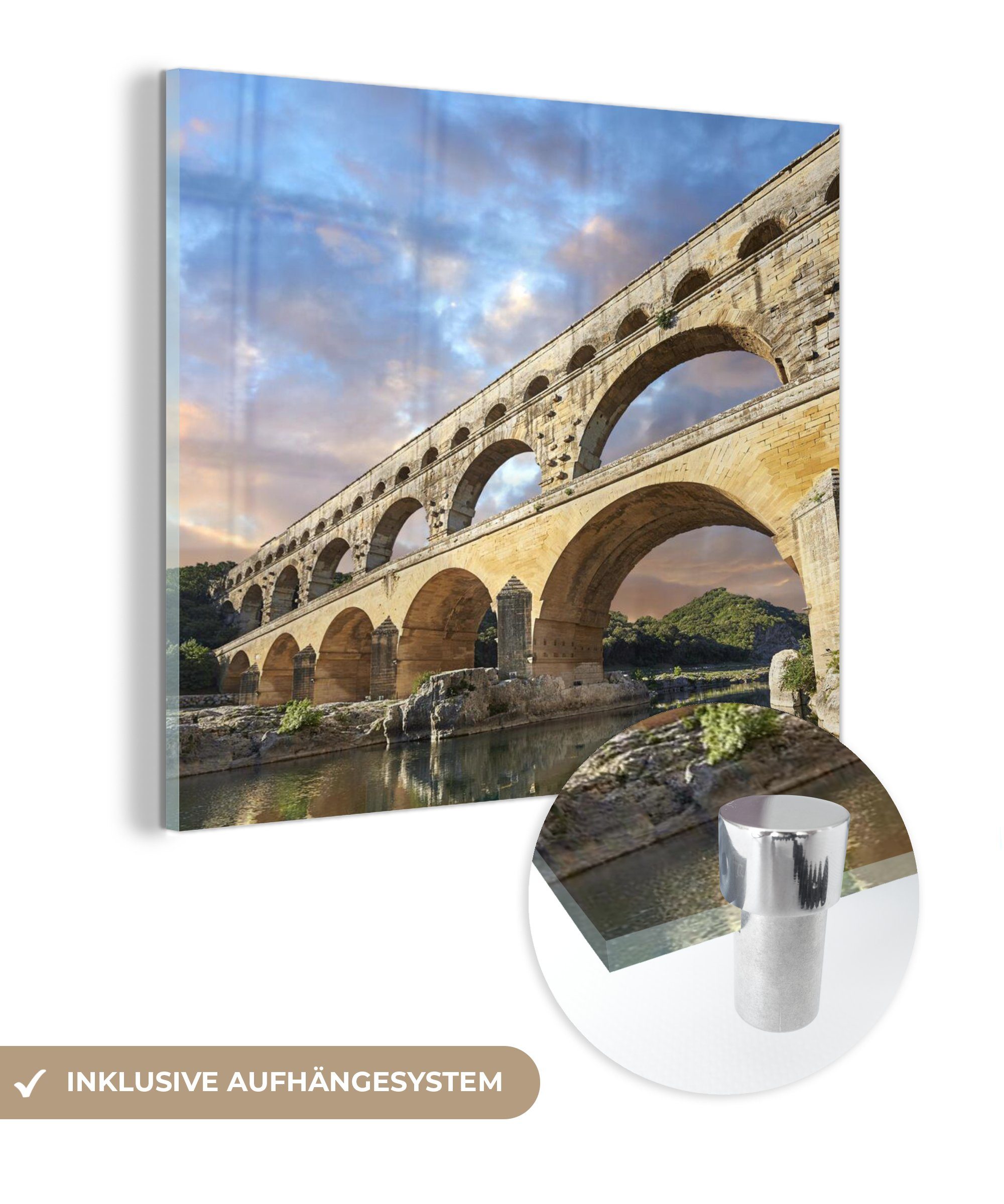 MuchoWow Acrylglasbild Bunter Himmel über dem Pont du Gard in Frankreich, (1 St), Glasbilder - Bilder auf Glas Wandbild - Foto auf Glas - Wanddekoration