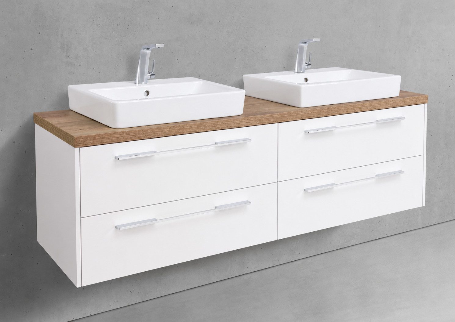 Intarbad Doppelwaschtisch Waschtisch Set Luxor 2x Waschbecken Geberit Icon & Unterschrank (150 cm Breite, Höhe 59,8 cm 4x Vollauszug/Selbsteinzug, Wandhängend, Soft-Close, Holz-/Lackdekore, Doppelwandige Metallauszüge), Vormontierte Lieferung, 160 kg Traglast, Made in Germany