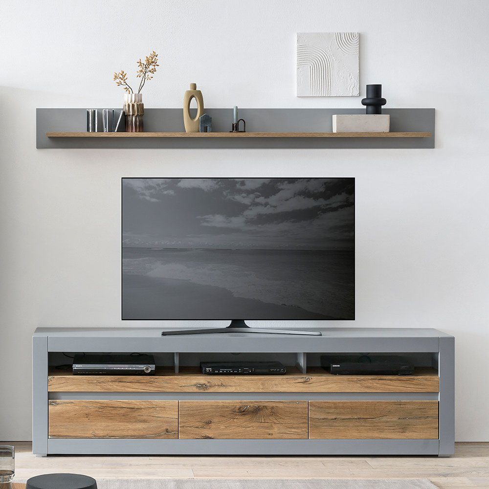TV-Wand (2-tlg), 217/180/42 Eiche in Zinn cm CASERTA-61, matt Moderne hell Mediawand Nb., grau mit Lomadox
