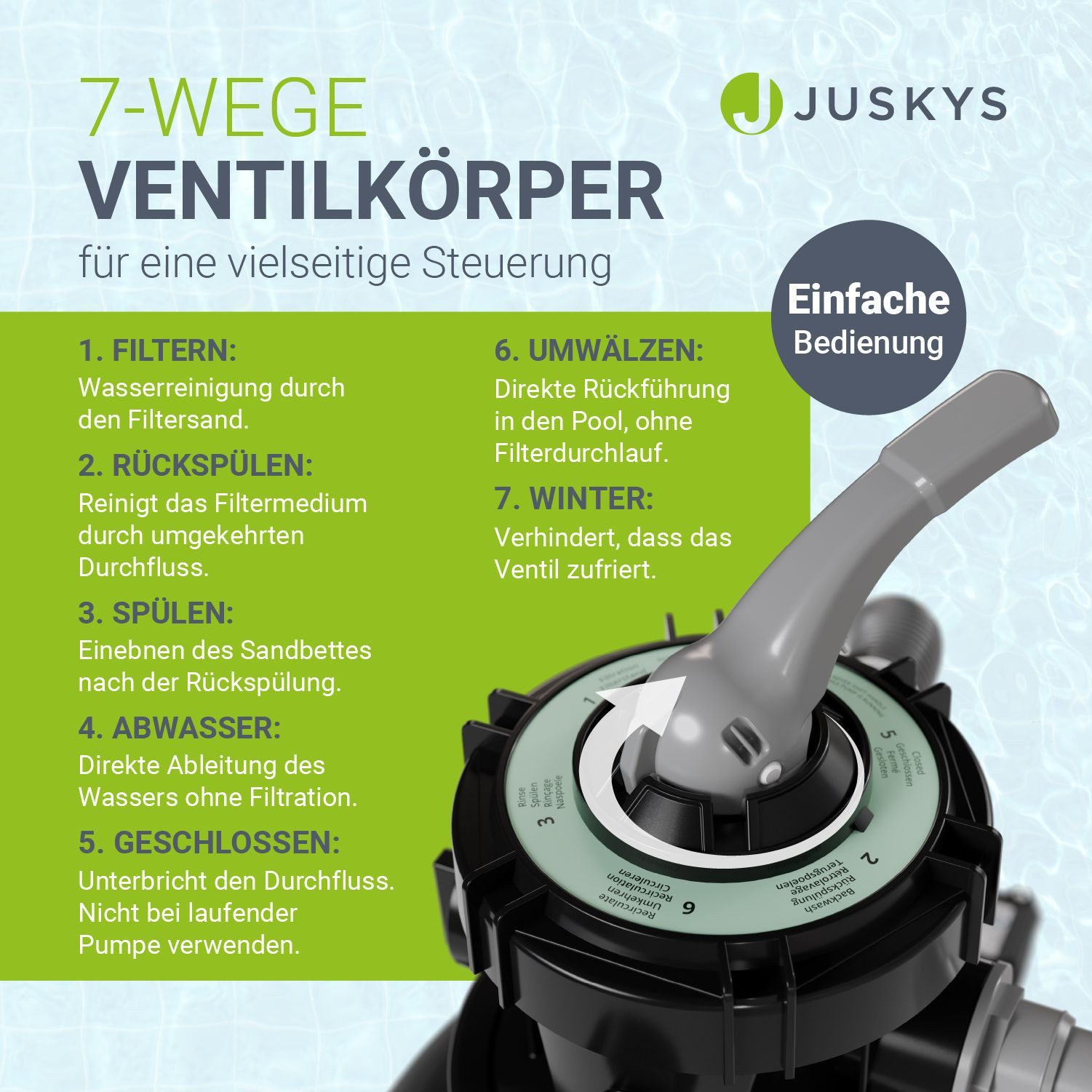 Juskys Sandfilteranlage, 7-Wege-Ventil und Filterbälle, bis 38,000l Pools, inkl. 2in1 Adapter