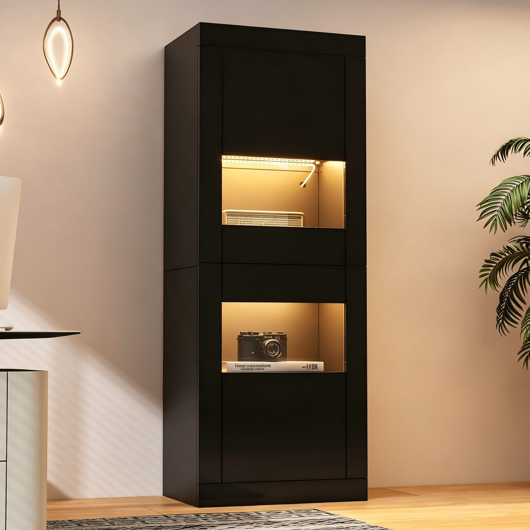 Merax Standvitrine Vitrine mit LED-Beleuchtung inkl.APP (1-St) Hochschrank mit erstellbaren Glasböden & Kippsicherung, 61x42x162 cm