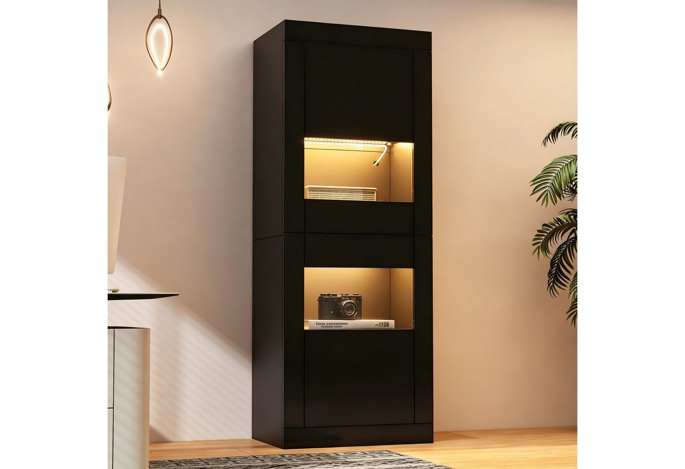 Merax Standvitrine Vitrine mit LED-Beleuchtung inkl.APP (1-St) Hochschrank mit erstellbaren Glasböden & Kippsicherung, 61x42x162 cm