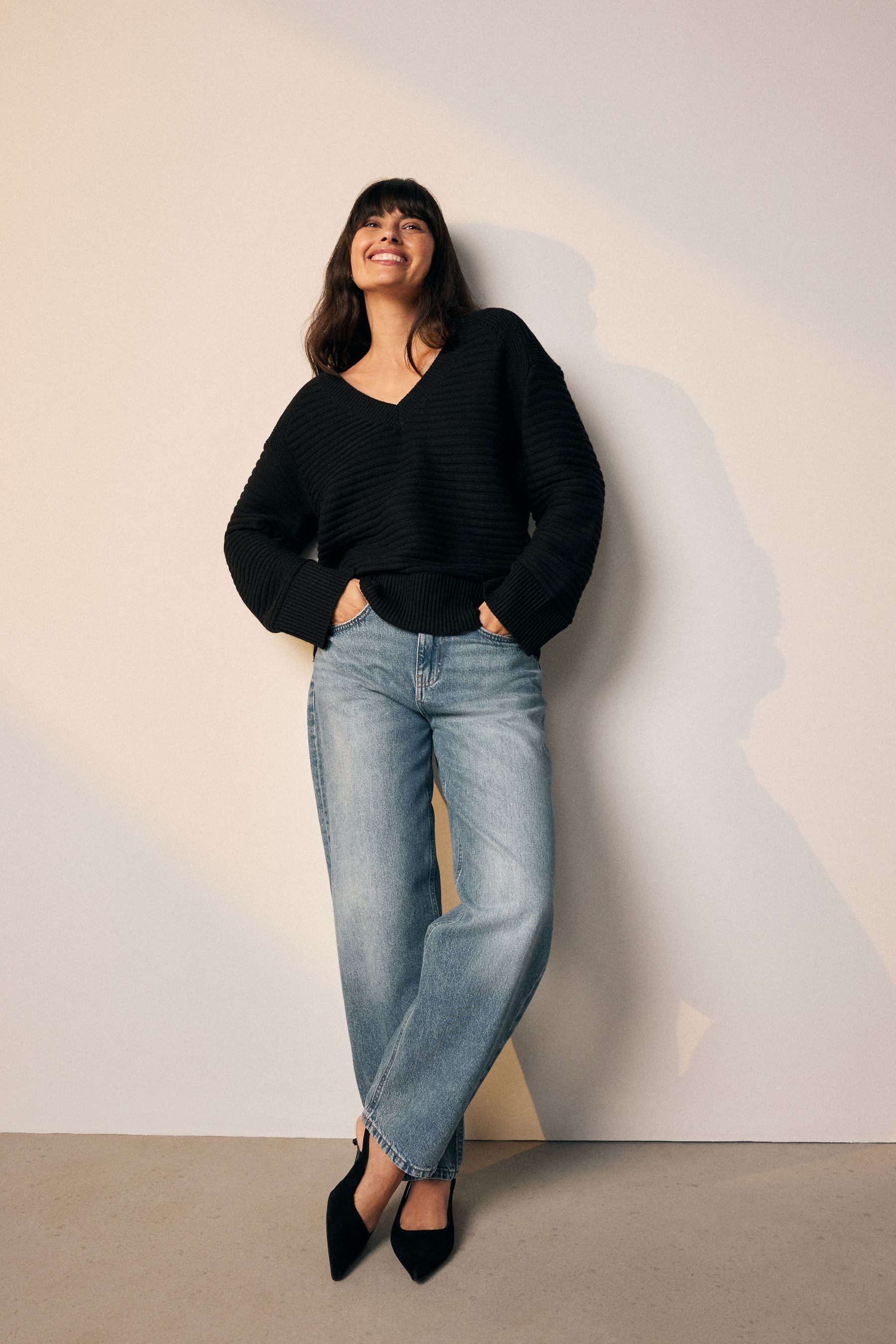 Next V-Ausschnitt-Pullover Gerippter Strickpullover mit V-Ausschnitt (1-tlg)