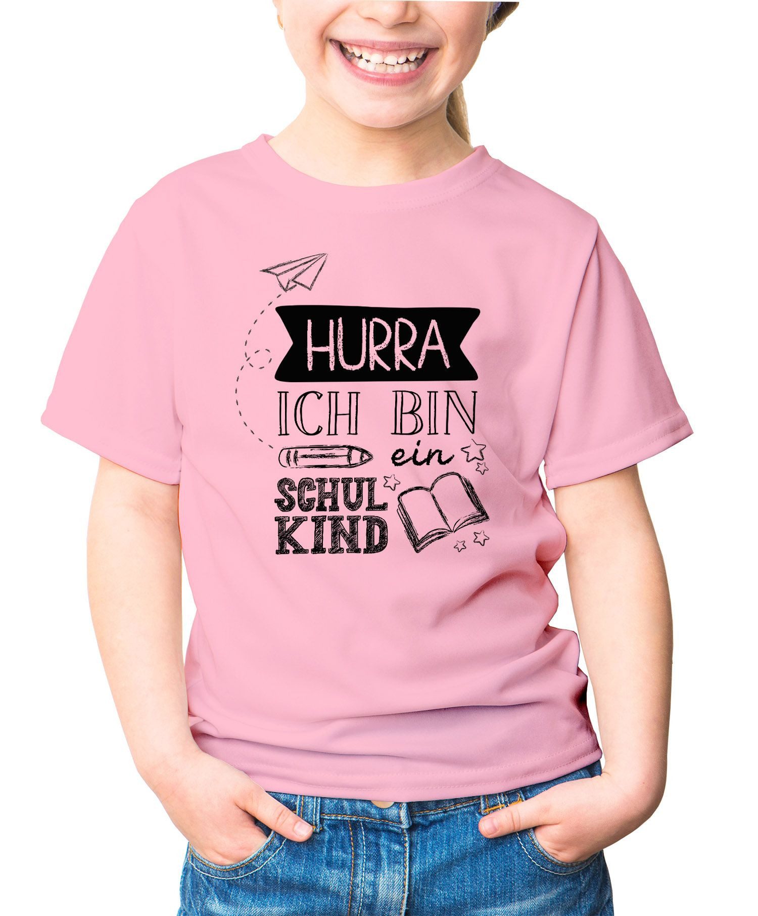 Print-Shirt Kinder Mädchen T-Shirt mit Spruch Hurra Ich bin ein Schulkind