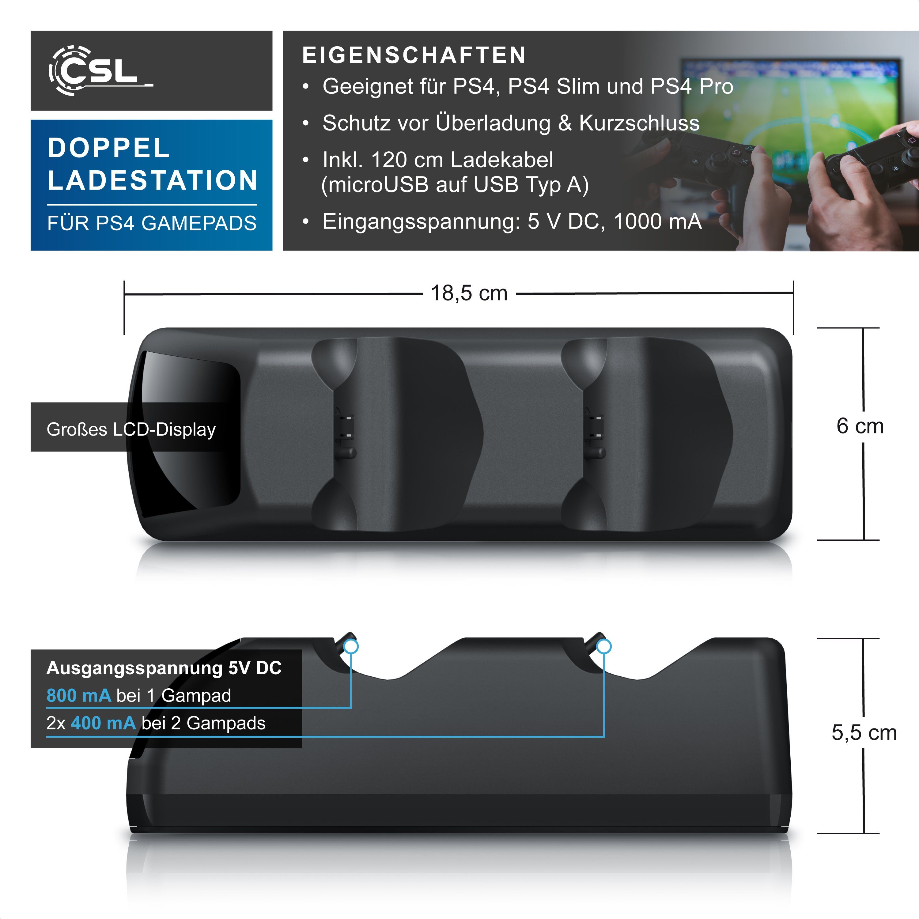 CSL Dual Ladegerät für 2x PS4 Gamepads - PS4 Controller Stand Charger Controller-Ladestation (800 mA, lädt 2 Controller gleichzeitig, ordentlich verstaut) – Bild 3 von 5