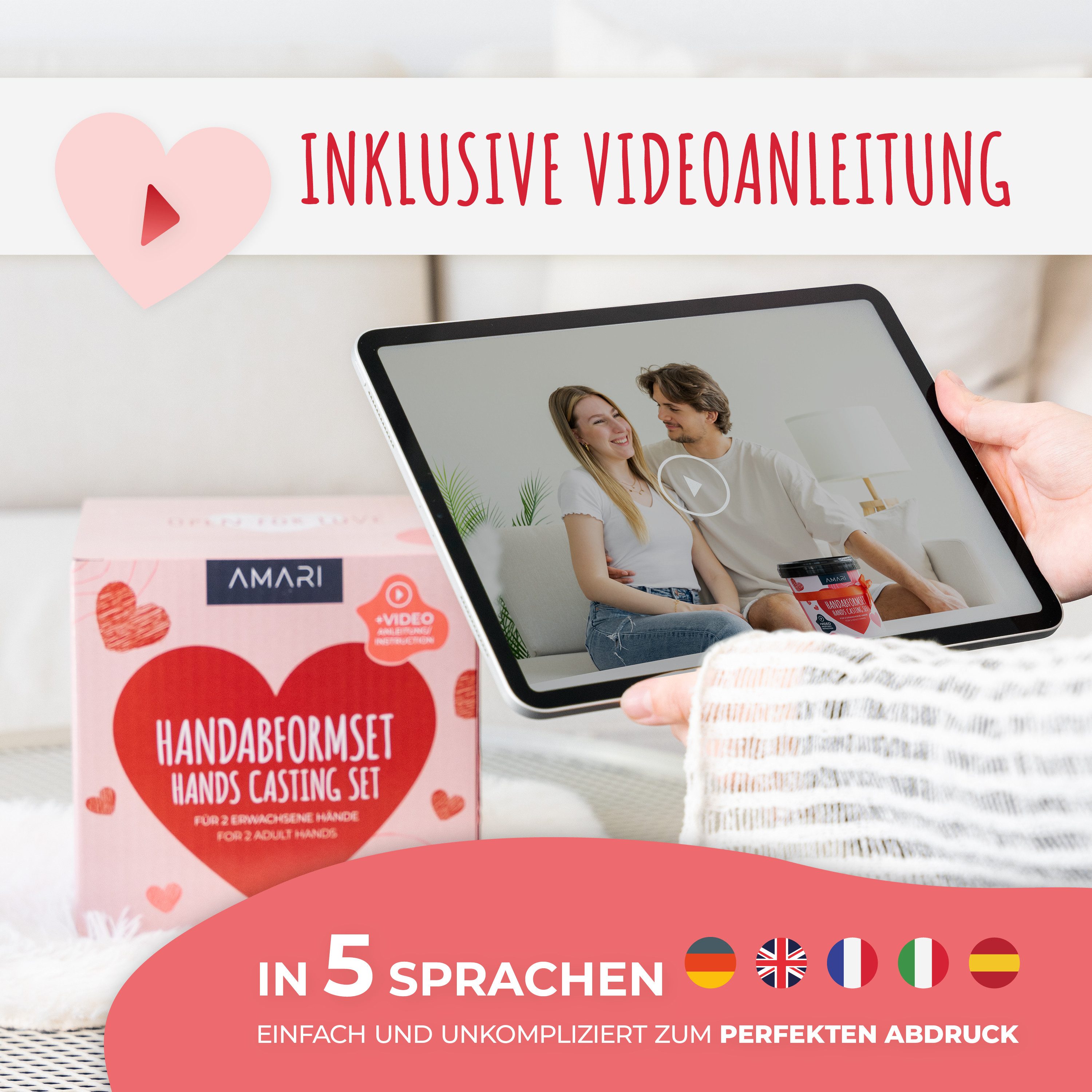 Amari Handabdruck-Set Geschenkidee für Paare, Familie & Freundin - 3D Gipsabdruck, Komplettset, 1 Abdruck für 2 Hände, inkl. Videoanleitung, Geschenk zu Valenti – Bild 4 von 5