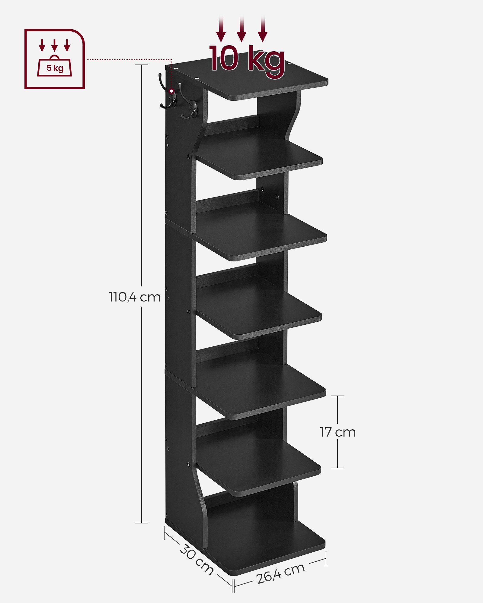 VASAGLE Schuhregal Standregal mit Ebenen, schwarz Schuhablage Schmal 6 Ecke