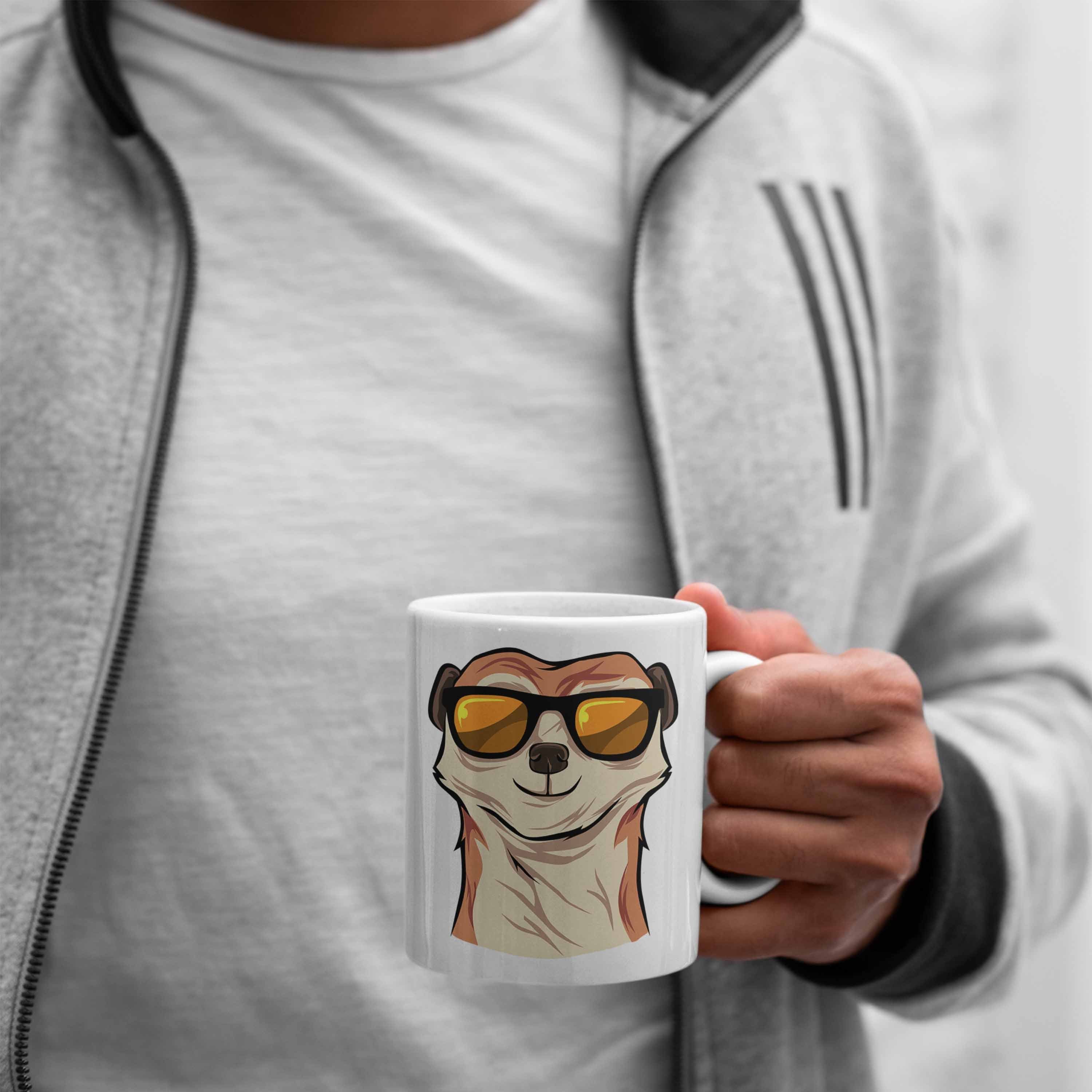 Trendation Tasse Lustige Erdmännchen Geschenk Tierliebhaber Sonnenbrille Tasse für Weiss
