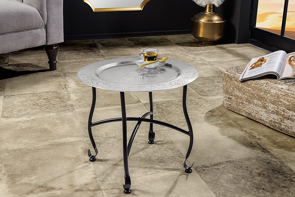 riess-ambiente Beistelltisch MARRAKESCH 40cm silber / schwarz · Wohnzimmertisch aus Metall (Einzelartikel, 1-St), Teetisch · rund · handmade · abnehmbares Tablett · klappbar