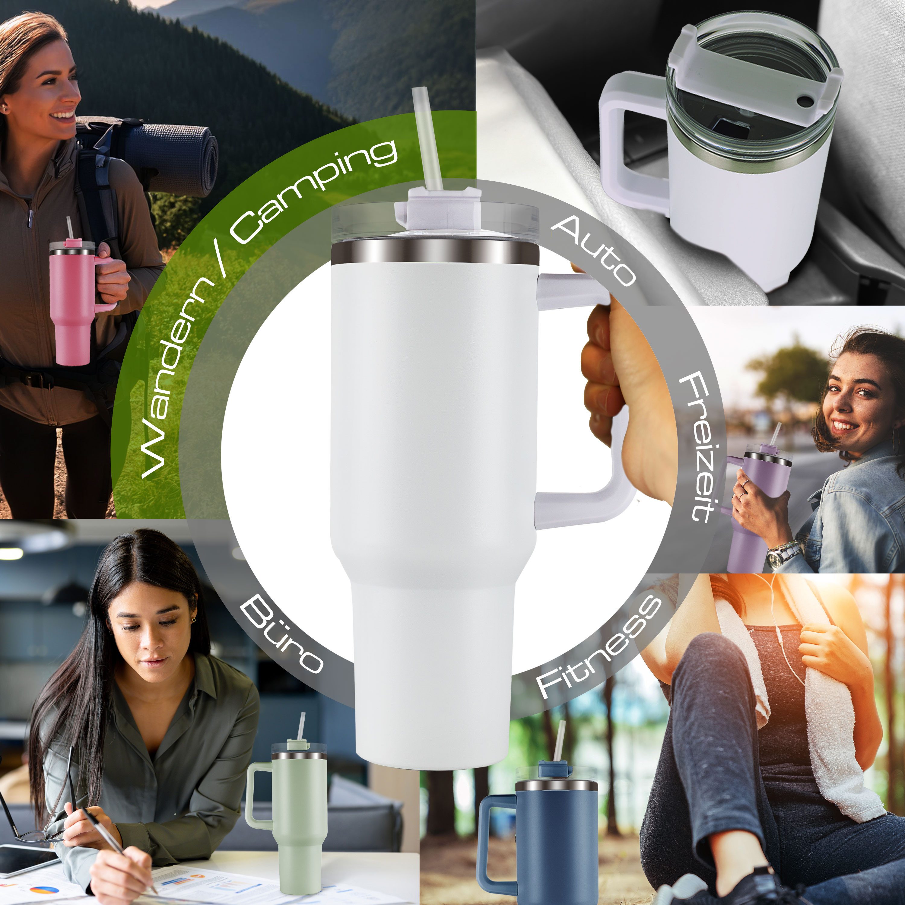 Roomando Thermobecher Becher mit Henkel Strohhalm Edelstahl Autobecher Kaffeebecher weiß