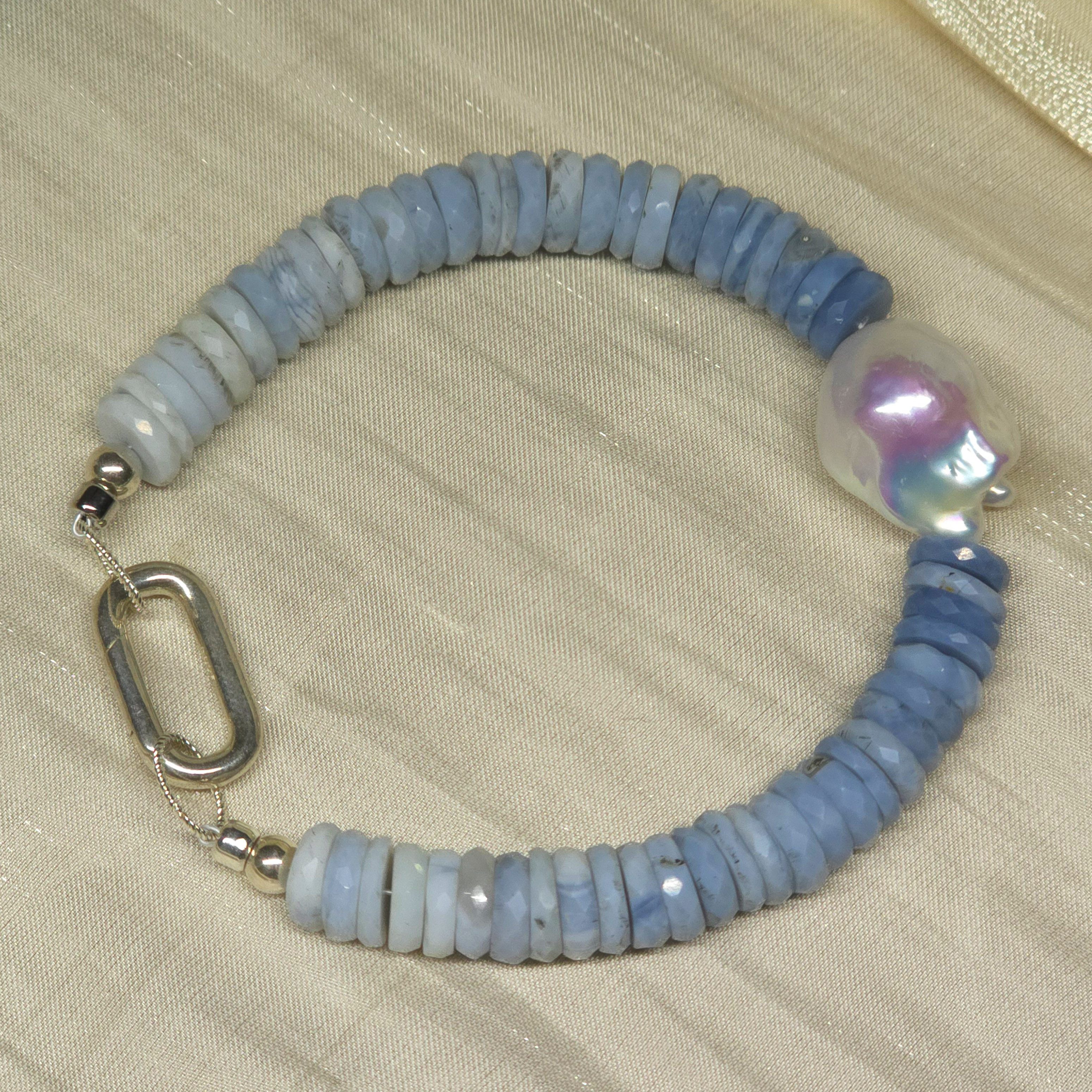 GOLDEN Perlenarmband Opal Armband Damen 925 Silber mit Barockperle Handgemacht Blau