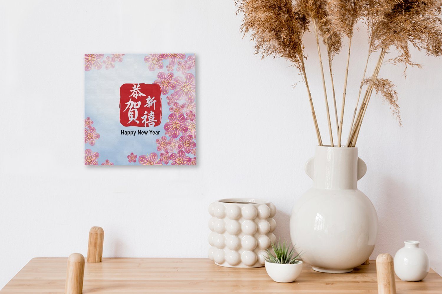 Schlafzimmer Illustration OneMillionCanvasses® chinesischen (1 Wohnzimmer Leinwandbild Eine des Neujahrsfestes, Bilder Leinwand St), für