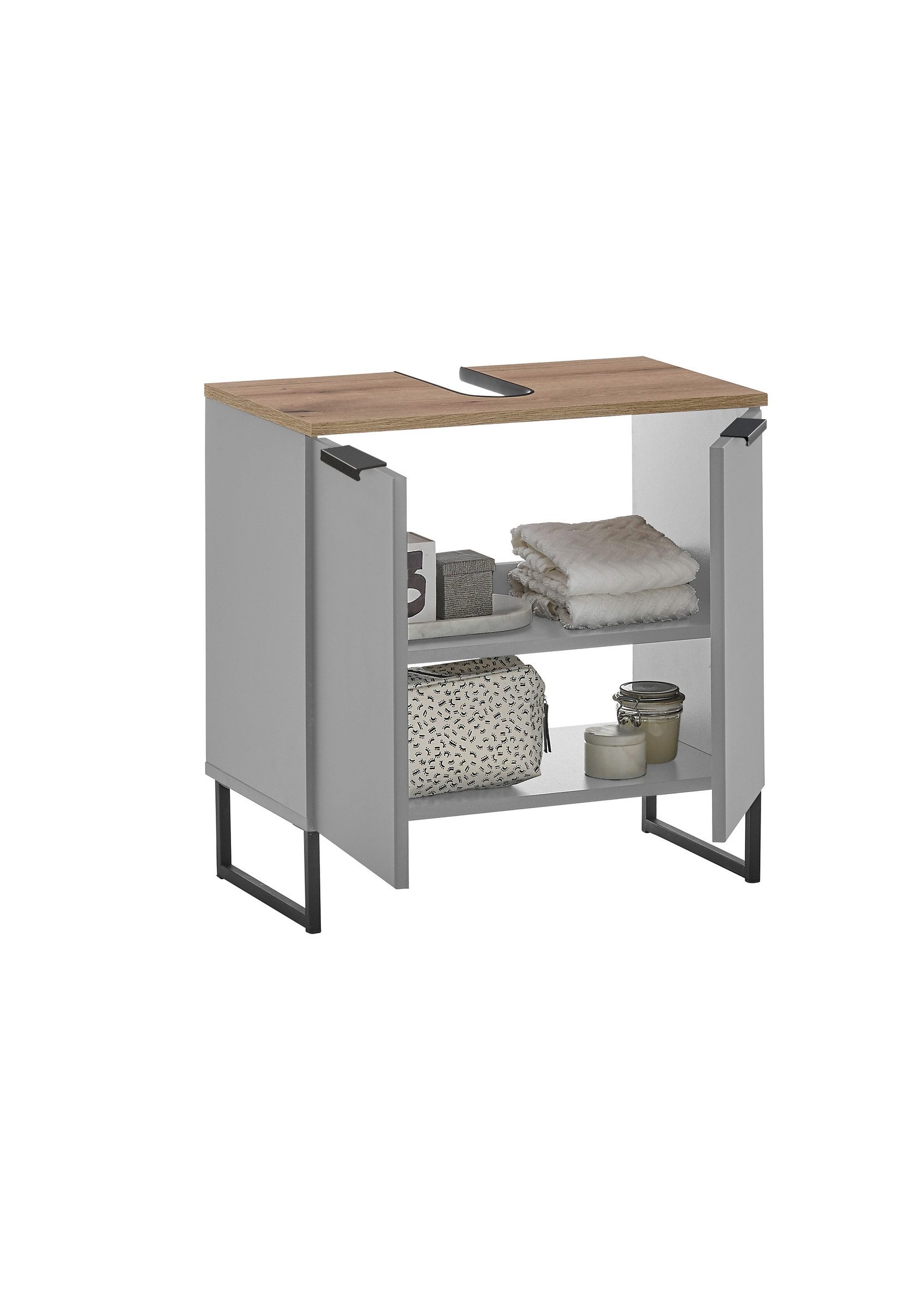 PREISBRECHER Waschbeckenunterschrank Denver 2 Türen, grau matt / Evoke Eich günstig online kaufen